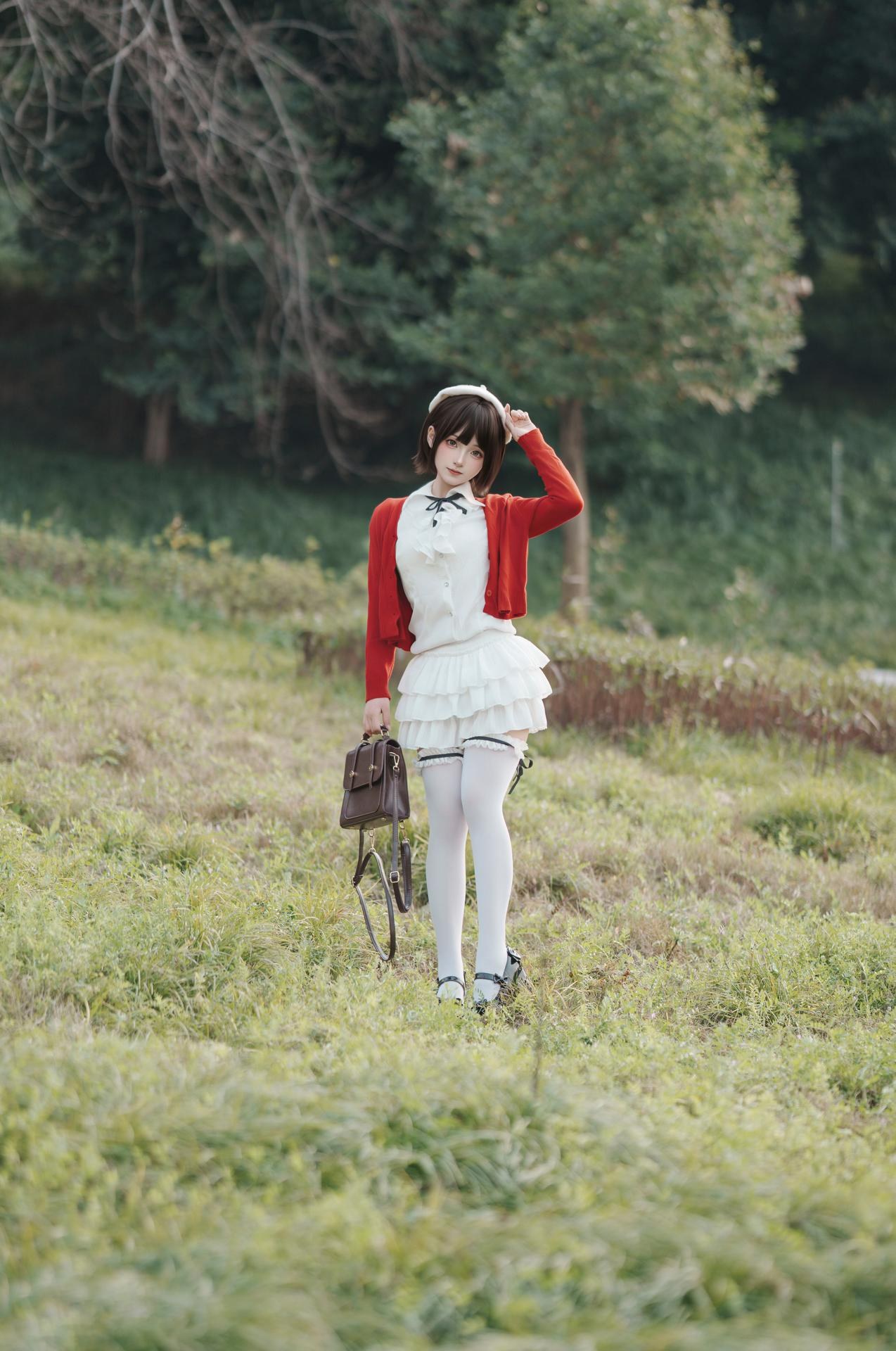 [Photo] Bangni 邦尼 - Spring Outing: Red Cardigan, White Dress, White Stockings Outdoor Photos 82P8V