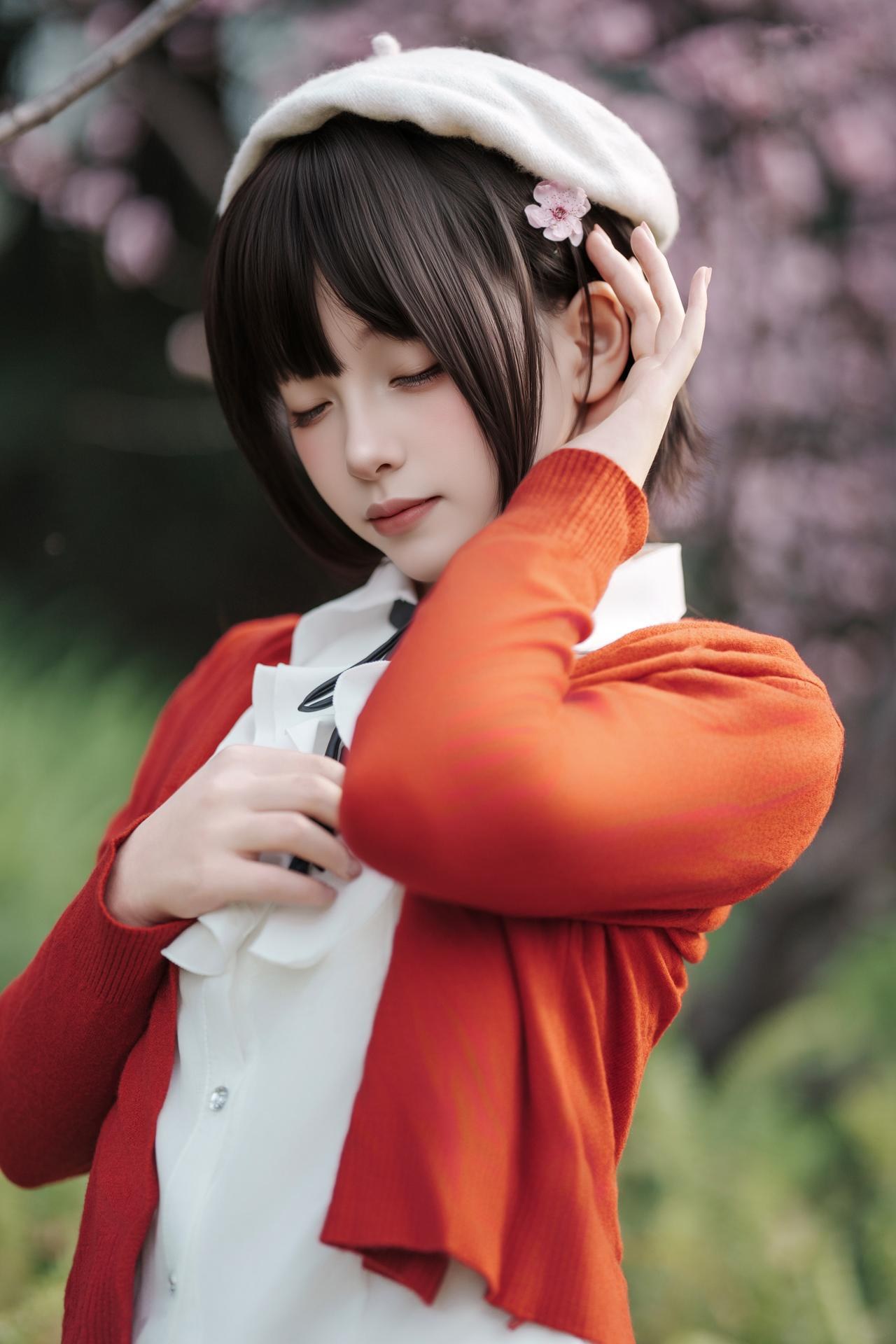 [寫真] Bangni邦尼 - 春日遊：紅色開衫白裙白絲戶外寫真 82P8V