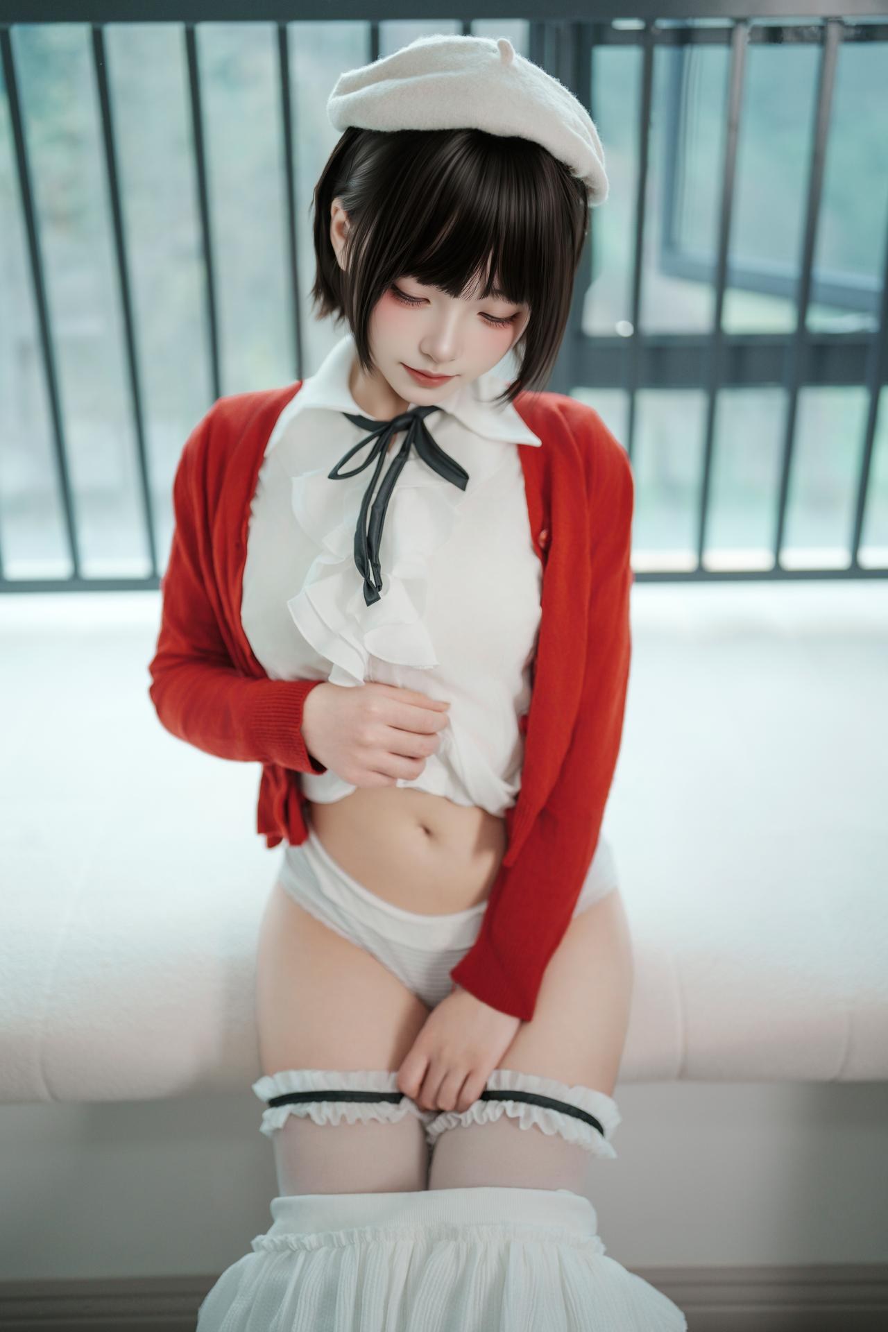[写真] Bangni邦尼 - 春日遊：赤いカーディガン、白いスカート、白いストッキングの屋外写真 82P8V
