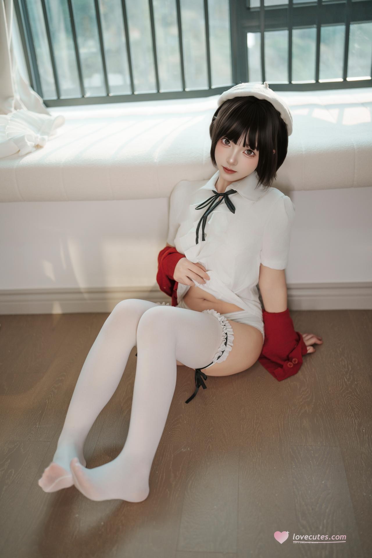 [写真] Bangni邦尼 - 春日遊：赤いカーディガン、白いスカート、白いストッキングの屋外写真 82P8V