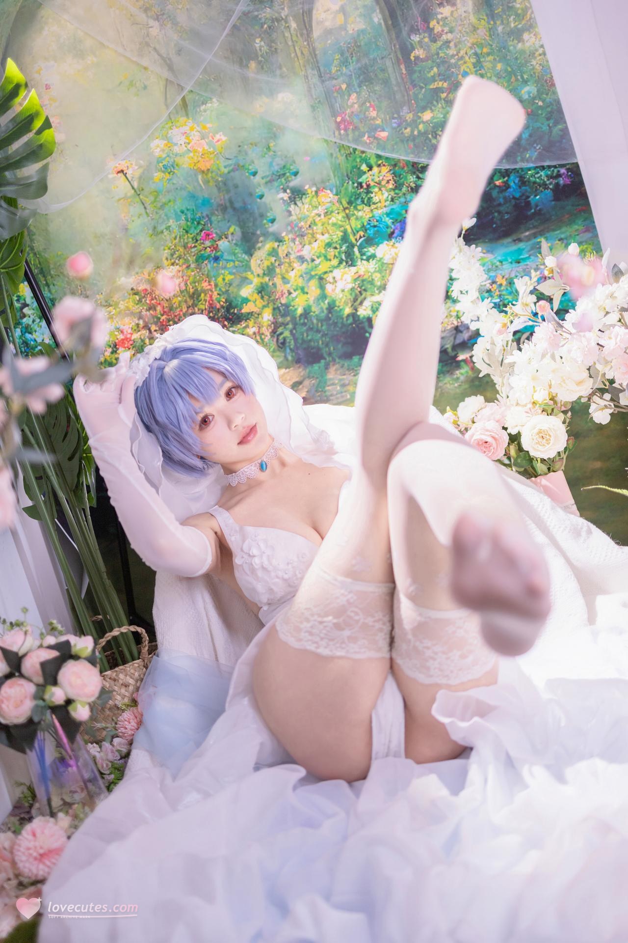 [cosplay] 星黛鹿鹿 - EVA 綾波レイ花嫁：青髪白ヴェール花嫁白ストッキング 52P