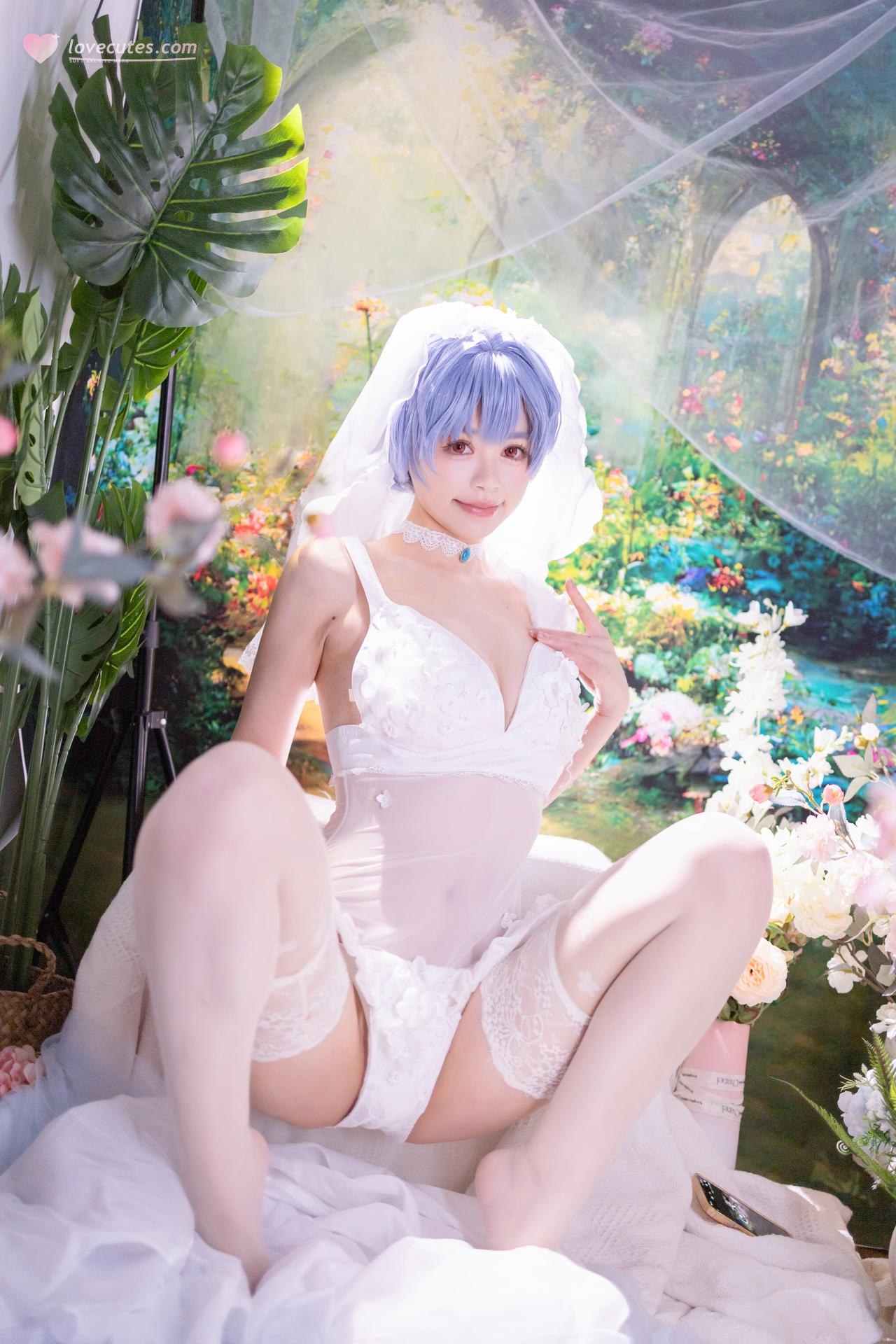 [cosplay] 星黛鹿鹿 - EVA 綾波レイ花嫁：青髪白ヴェール花嫁白ストッキング 52P