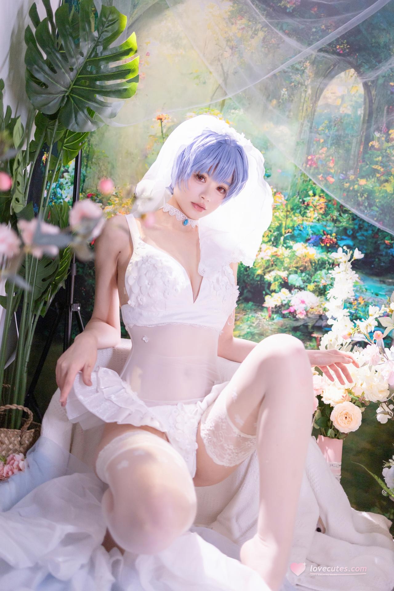 [cosplay] 星黛鹿鹿 - EVA 綾波レイ花嫁：青髪白ヴェール花嫁白ストッキング 52P