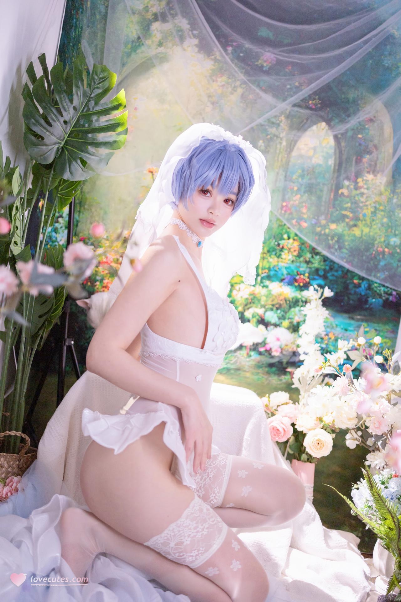 [cosplay] 星黛鹿鹿 - EVA 綾波レイ花嫁：青髪白ヴェール花嫁白ストッキング 52P