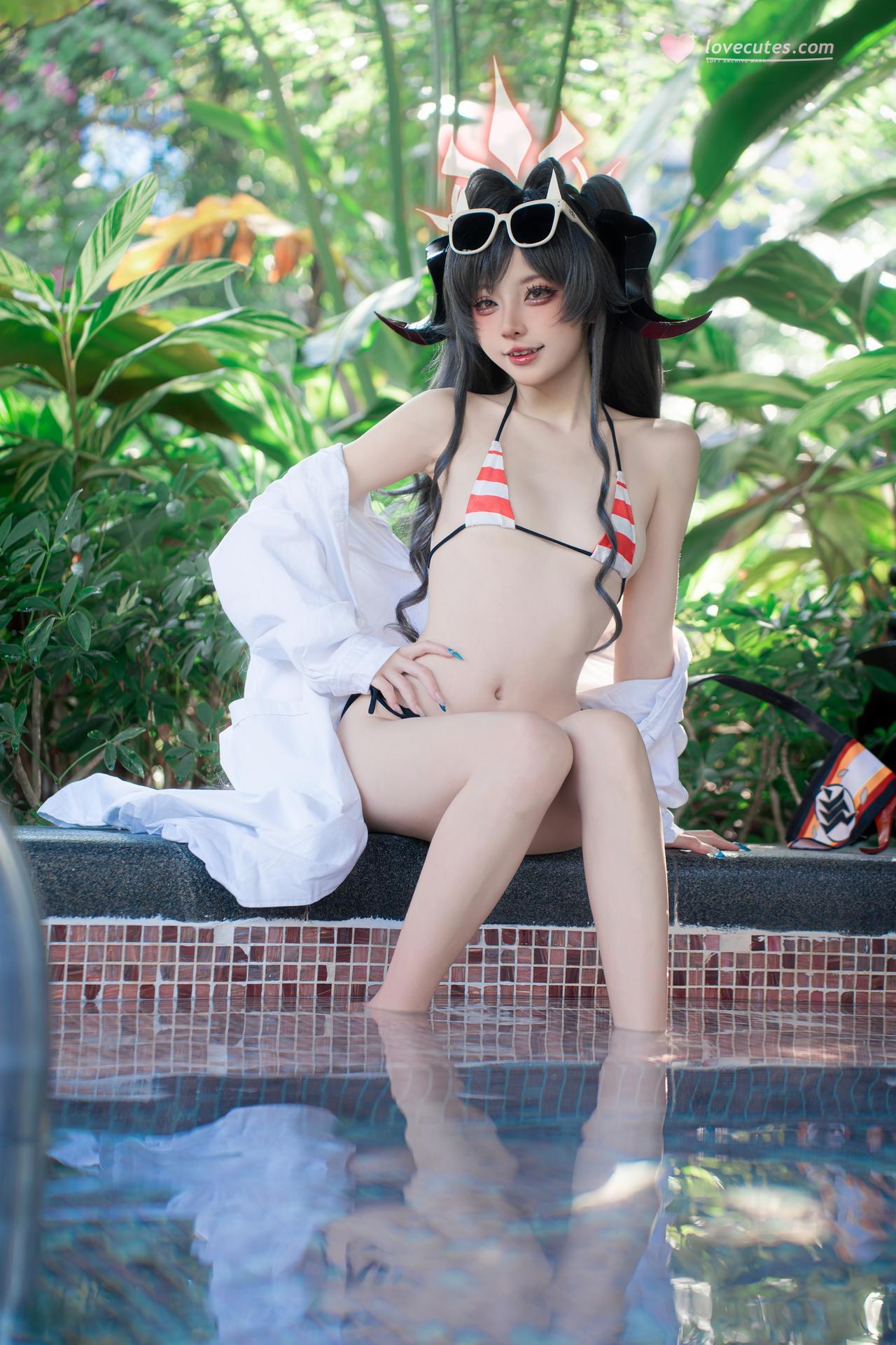 [cosplay] 纸悦Etsu_ko - Blue Archive 鬼怒川霞 ชุดว่ายน้ำ: ชุดว่ายน้ำริมสระ เสื้อคลุมสีขาว 44P