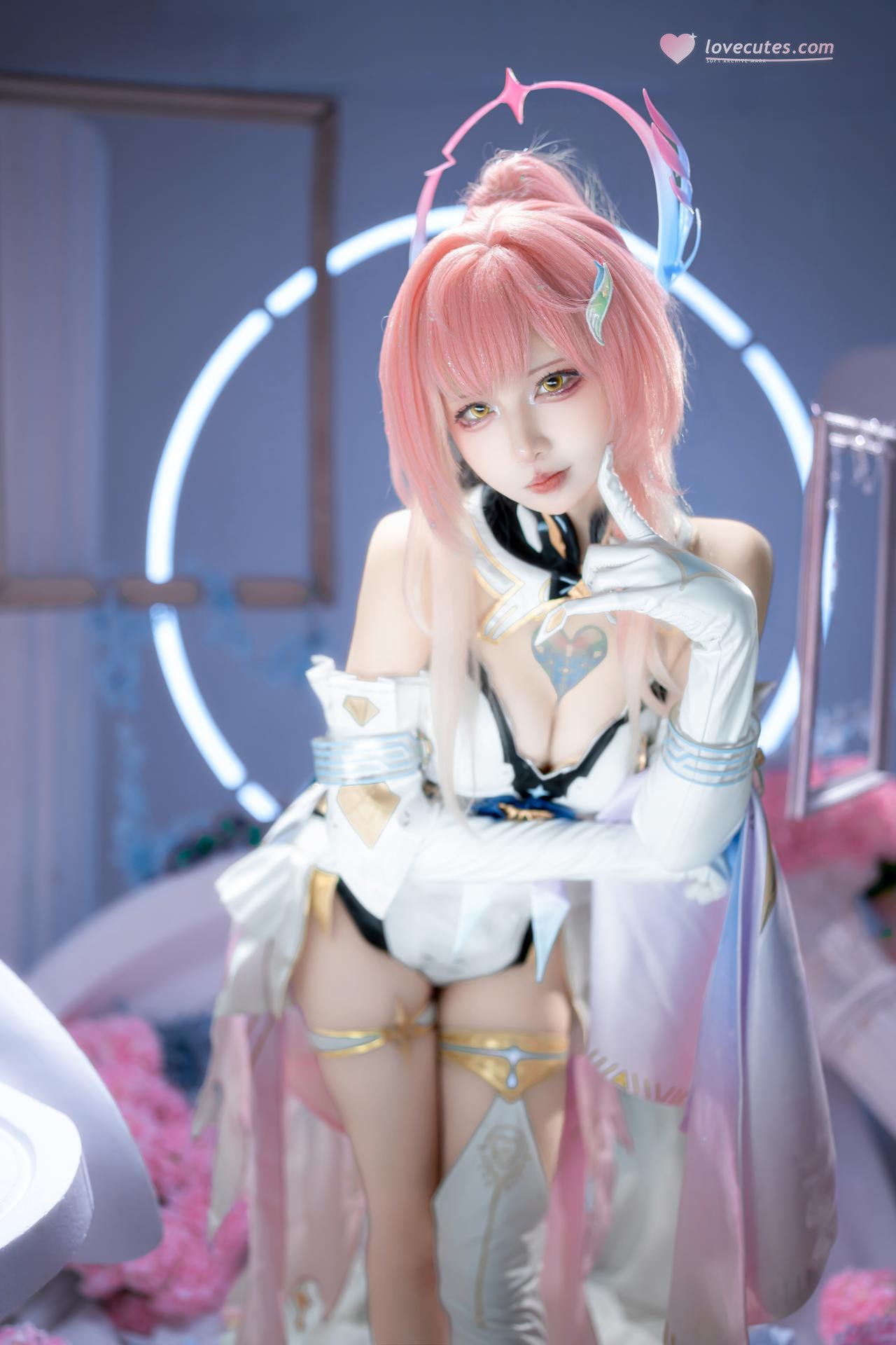 [cosplay] 纸悦Etsu_ko - 명조 아이미스: 분홍 머리 예복 흰 스타킹 몽환적인 배경 25P