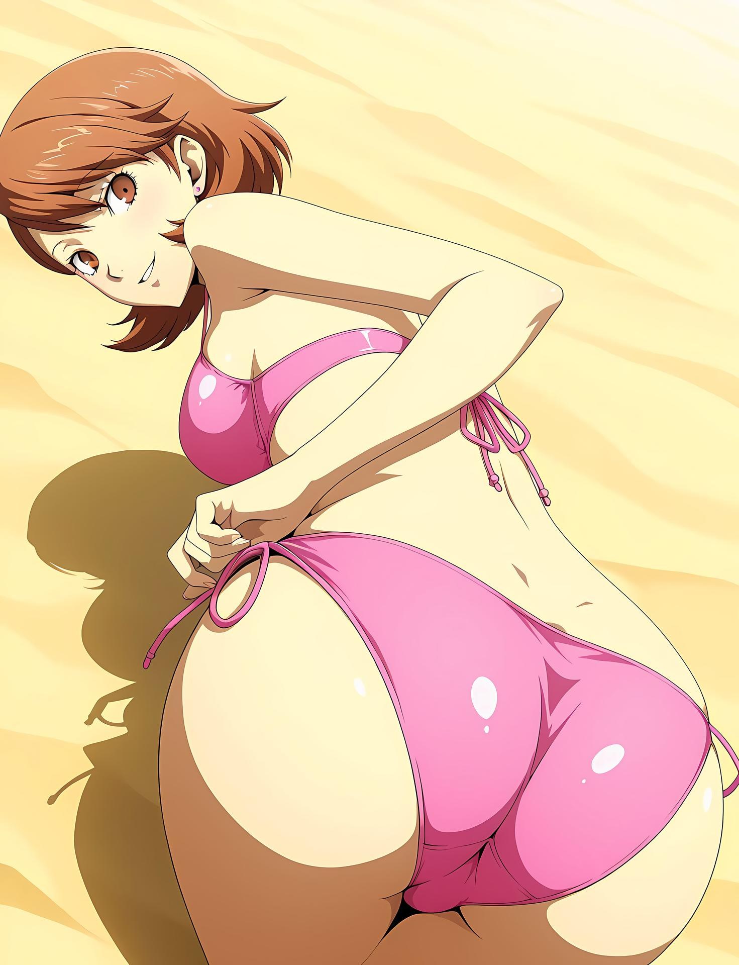 AI Generated Anime Girl - 女神异闻录3 岳羽由加莉：蕾丝内衣学生装沙滩露穴 85P