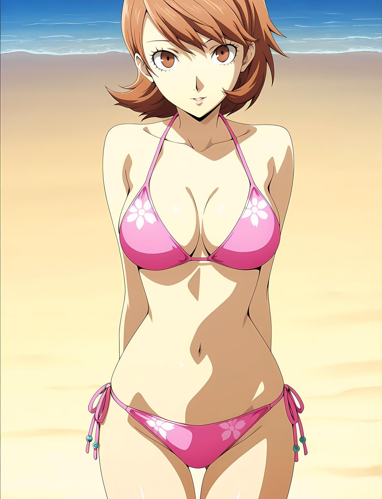AI Generated Anime Girl - 女神异闻录3 岳羽由加莉：蕾丝内衣学生装沙滩露穴 85P