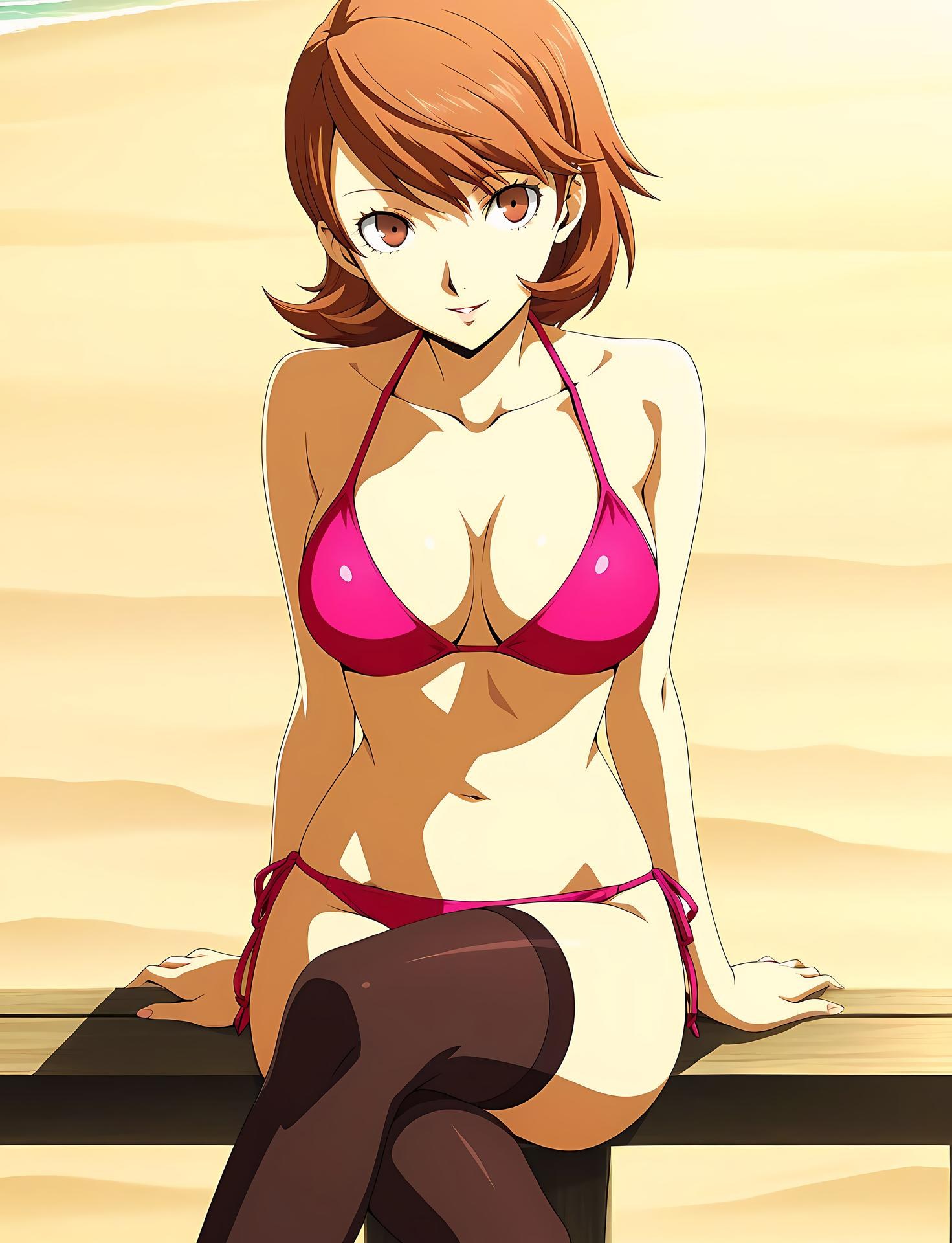 AI Generated Anime Girl - 女神异闻录3 岳羽由加莉：蕾丝内衣学生装沙滩露穴 85P