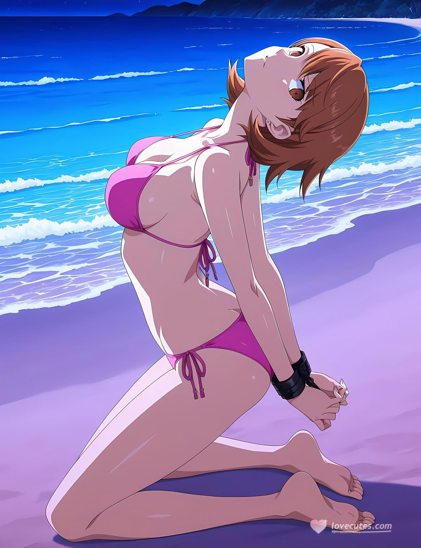 AI Generated Anime Girl - 女神异闻录3 岳羽由加莉：蕾丝内衣学生装沙滩露穴 85P