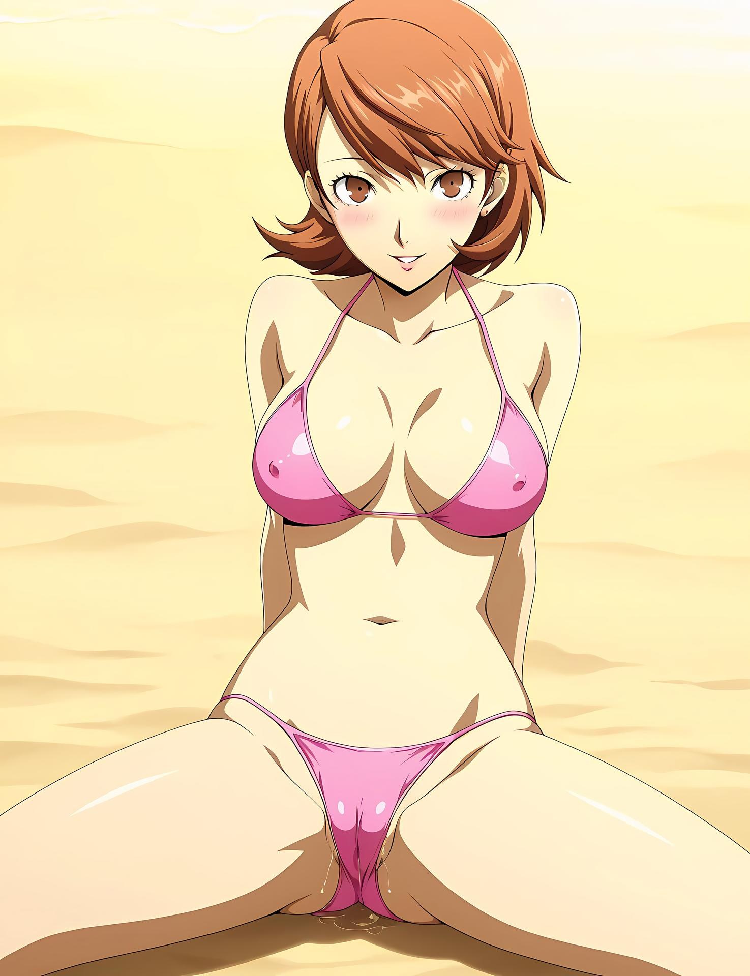 AI Generated Anime Girl - 女神异闻录3 岳羽由加莉：蕾丝内衣学生装沙滩露穴 85P