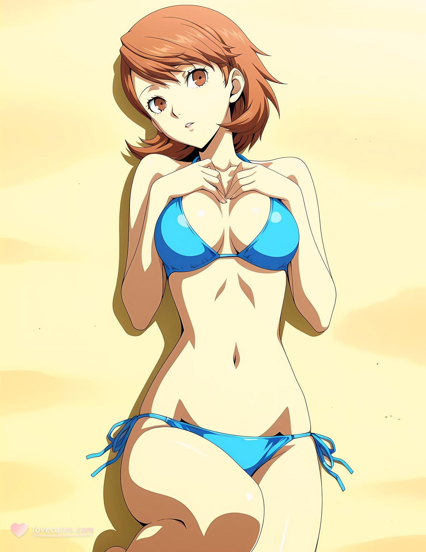 AI Generated Anime Girl - 女神异闻录3 岳羽由加莉：蕾丝内衣学生装沙滩露穴 85P