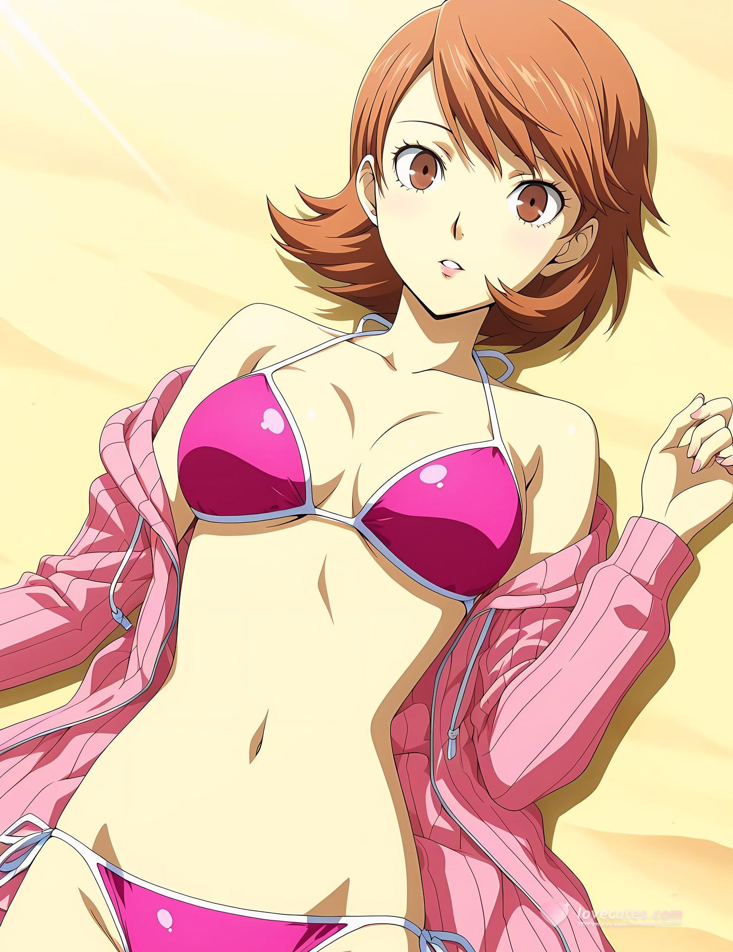 AI Generated Anime Girl - 女神异闻录3 岳羽由加莉：蕾丝内衣学生装沙滩露穴 85P