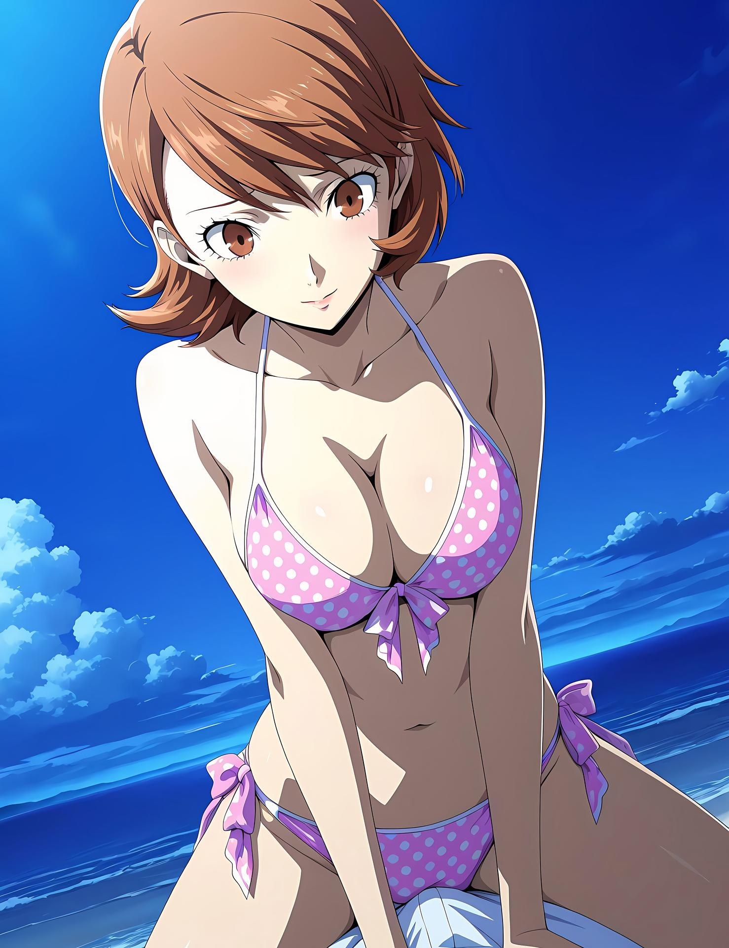 AI Generated Anime Girl - 女神异闻录3 岳羽由加莉：蕾丝内衣学生装沙滩露穴 85P