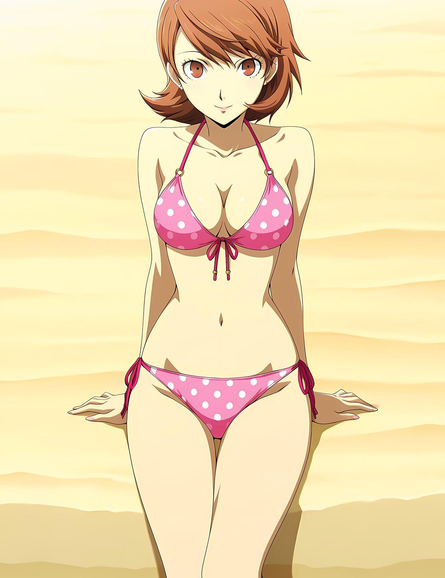 AI Generated Anime Girl - 女神异闻录3 岳羽由加莉：蕾丝内衣学生装沙滩露穴 85P