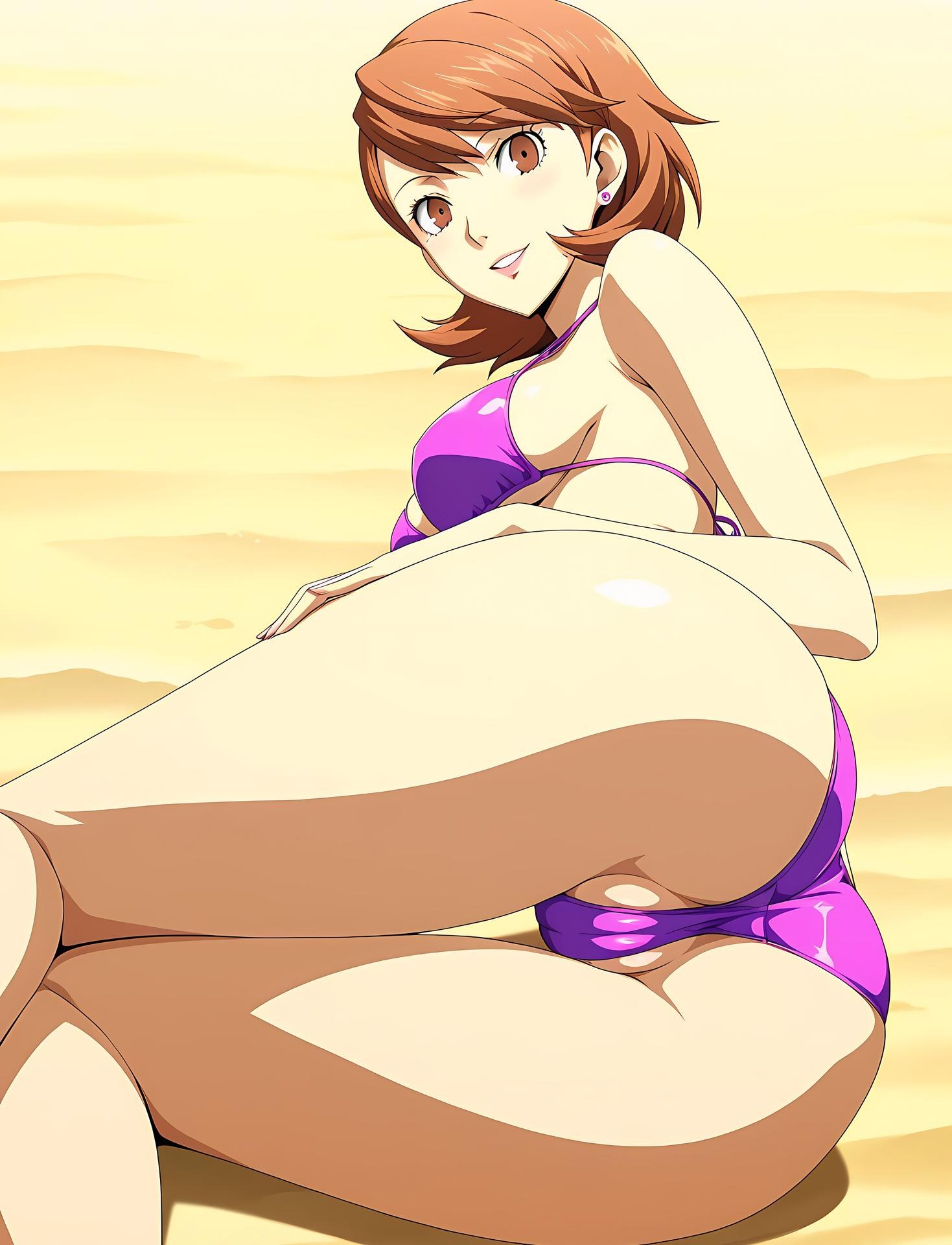 AI Generated Anime Girl - 女神异闻录3 岳羽由加莉：蕾丝内衣学生装沙滩露穴 85P