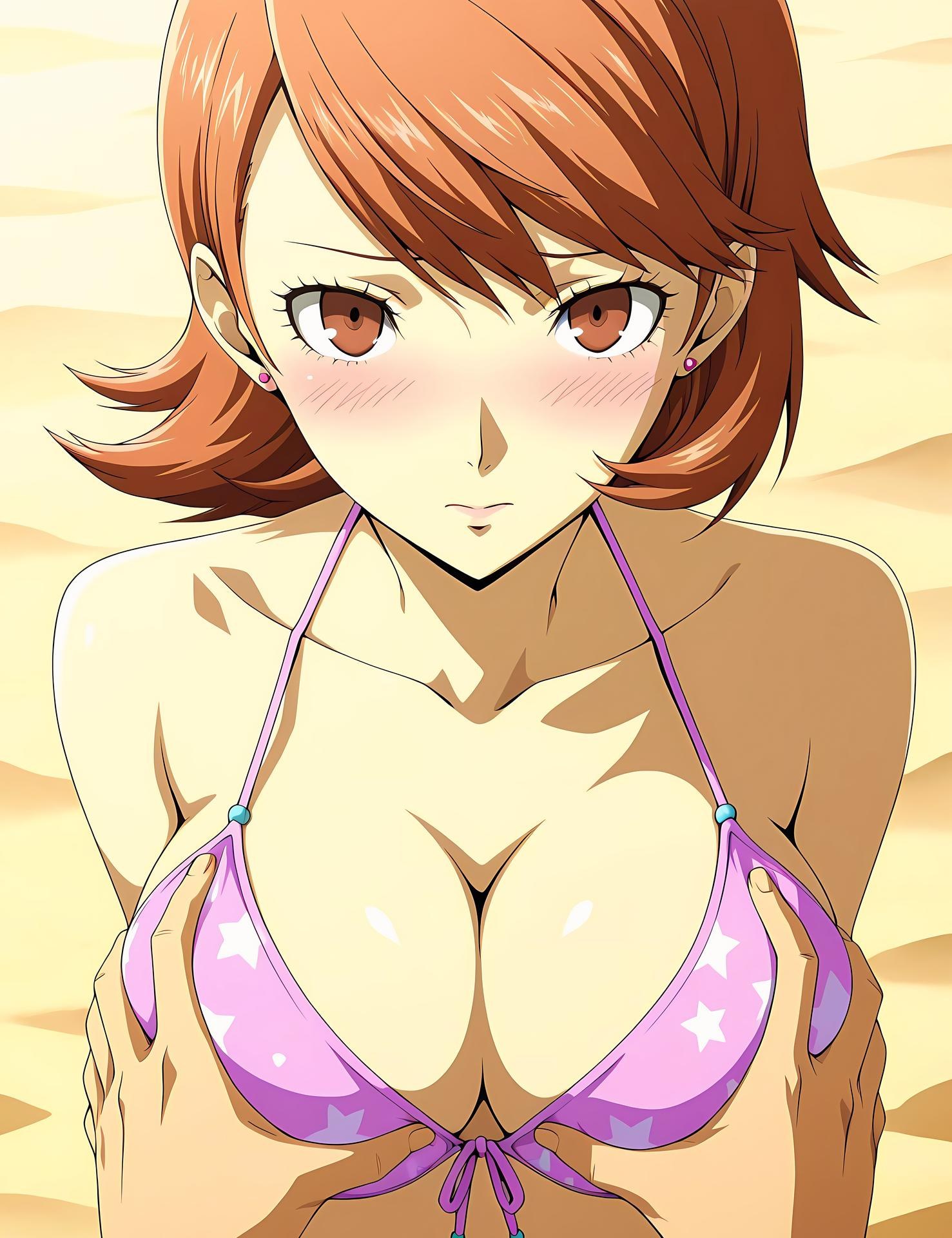 AI Generated Anime Girl - 女神异闻录3 岳羽由加莉：蕾丝内衣学生装沙滩露穴 85P