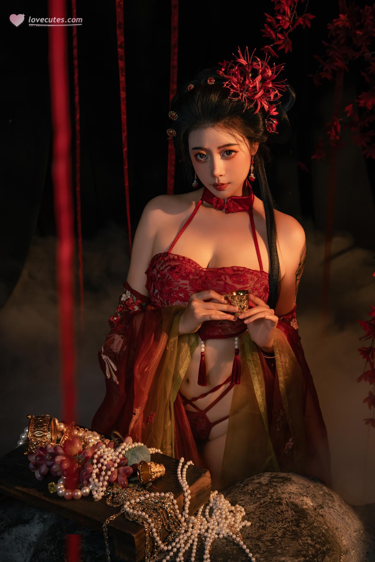 [私房] 奈汐酱nice - 流丹：紅紐の古風ランジェリー 花影の背景 大胆ショット 85P
