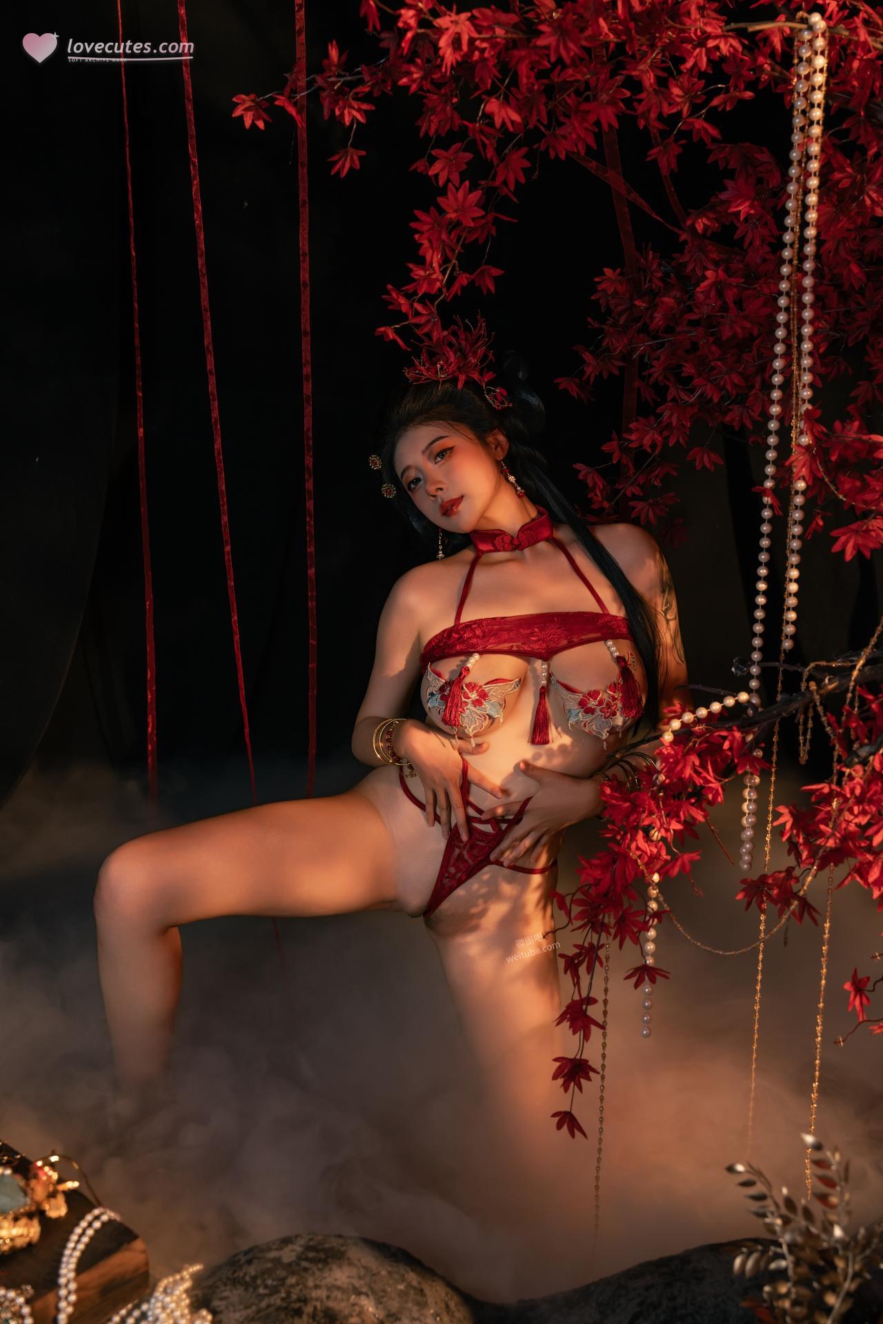[私房] 奈汐酱nice - 流丹：紅紐の古風ランジェリー 花影の背景 大胆ショット 85P