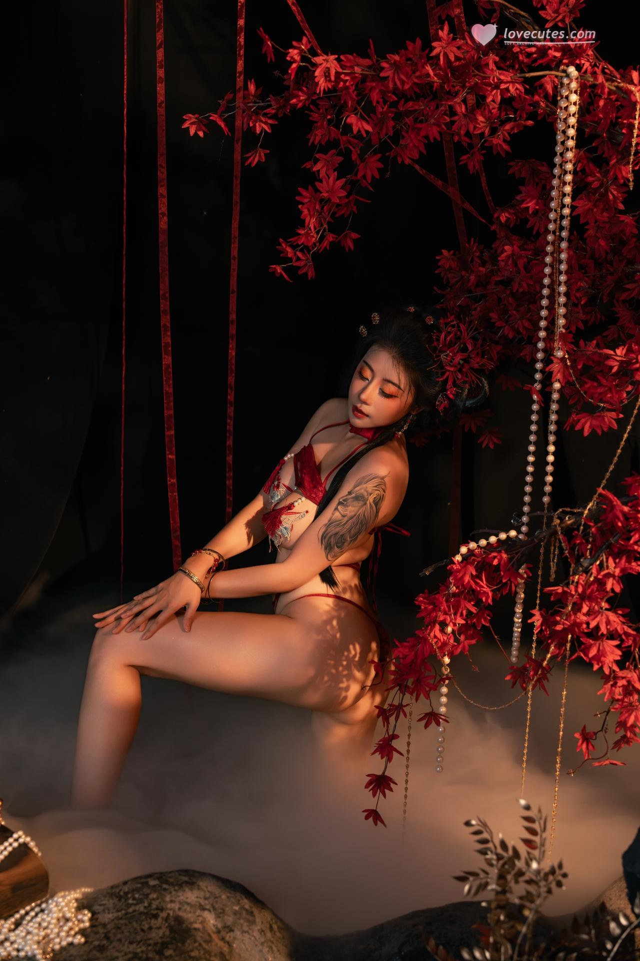 [私房] 奈汐酱nice - 유단: 붉은 끈 고풍 속옷 꽃 그림자 배경 대담한 컷 85P