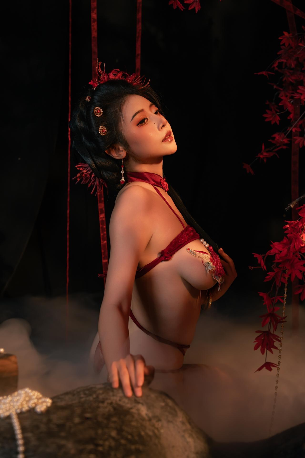 [私房] 奈汐酱nice - 유단: 붉은 끈 고풍 속옷 꽃 그림자 배경 대담한 컷 85P