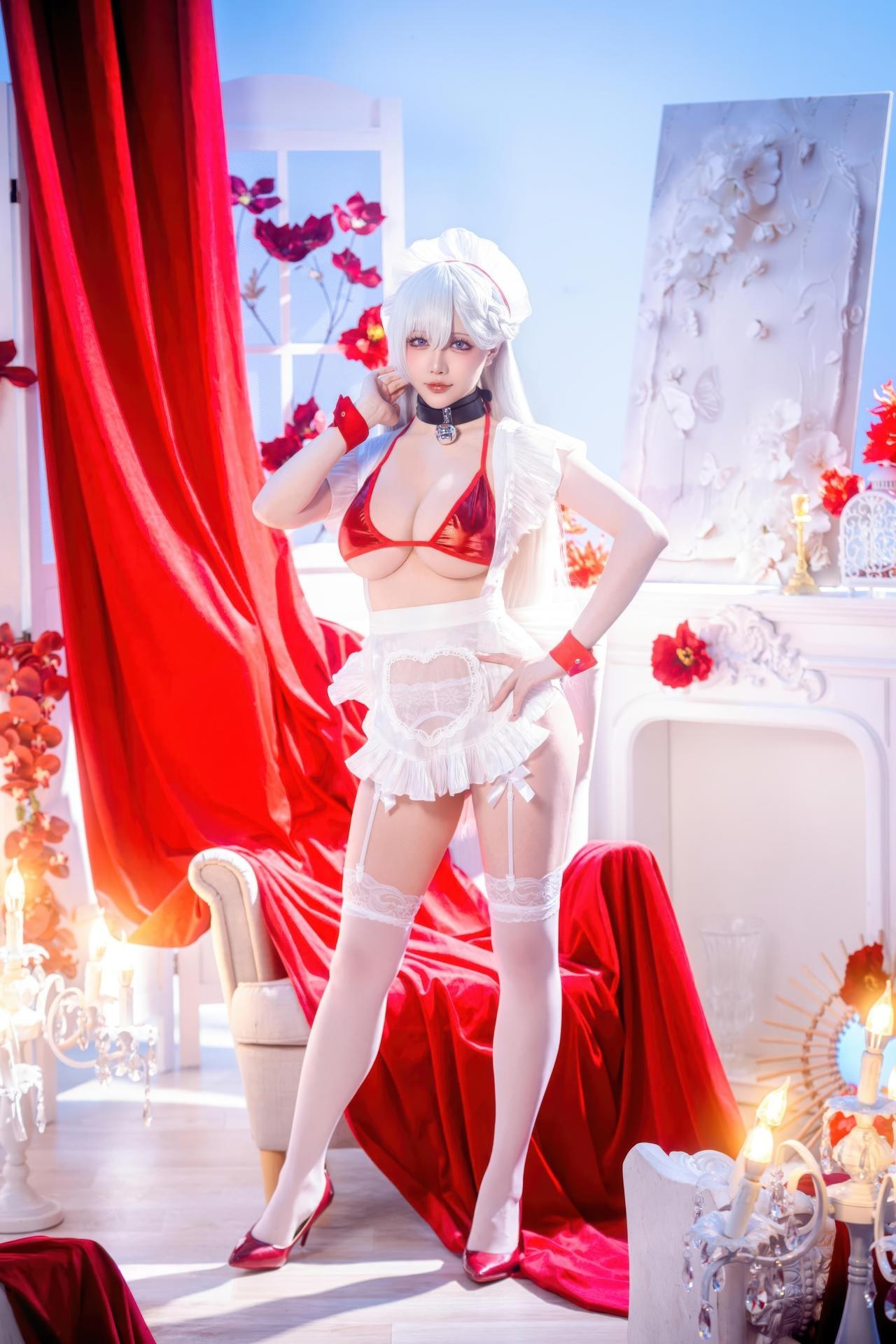 [cosplay] 星之迟迟Hoshilily - 碧蓝航线 贝尔法斯特：白发红绳泳装 和风美胸 49P