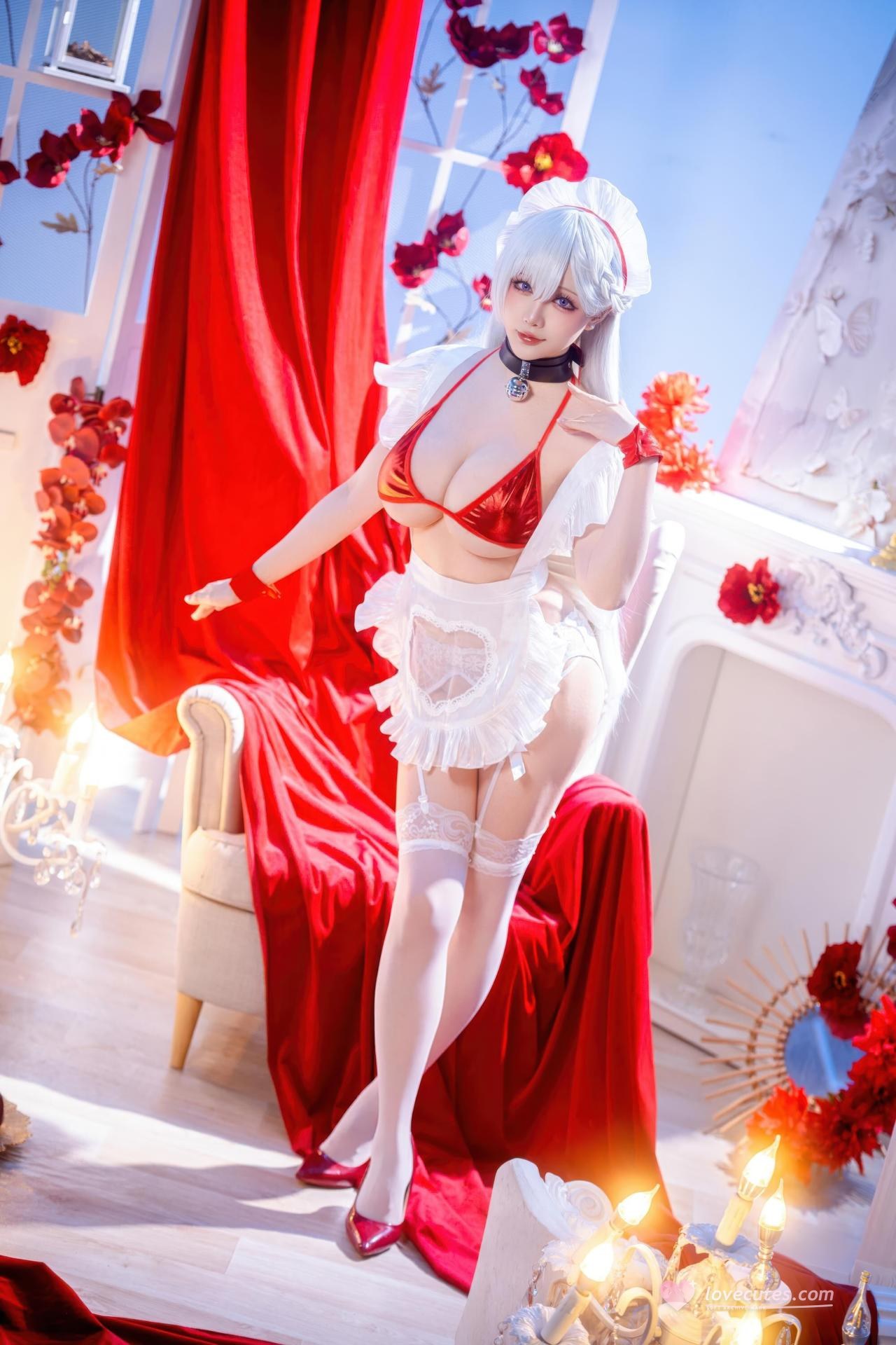 [cosplay] 星之迟迟Hoshilily - 碧蓝航线 贝尔法斯特：白发红绳泳装 和风美胸 49P
