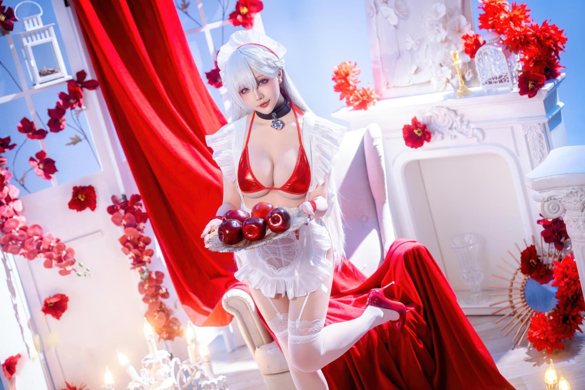 [cosplay] 星之迟迟Hoshilily - 碧蓝航线 贝尔法斯特：白发红绳泳装 和风美胸 49P