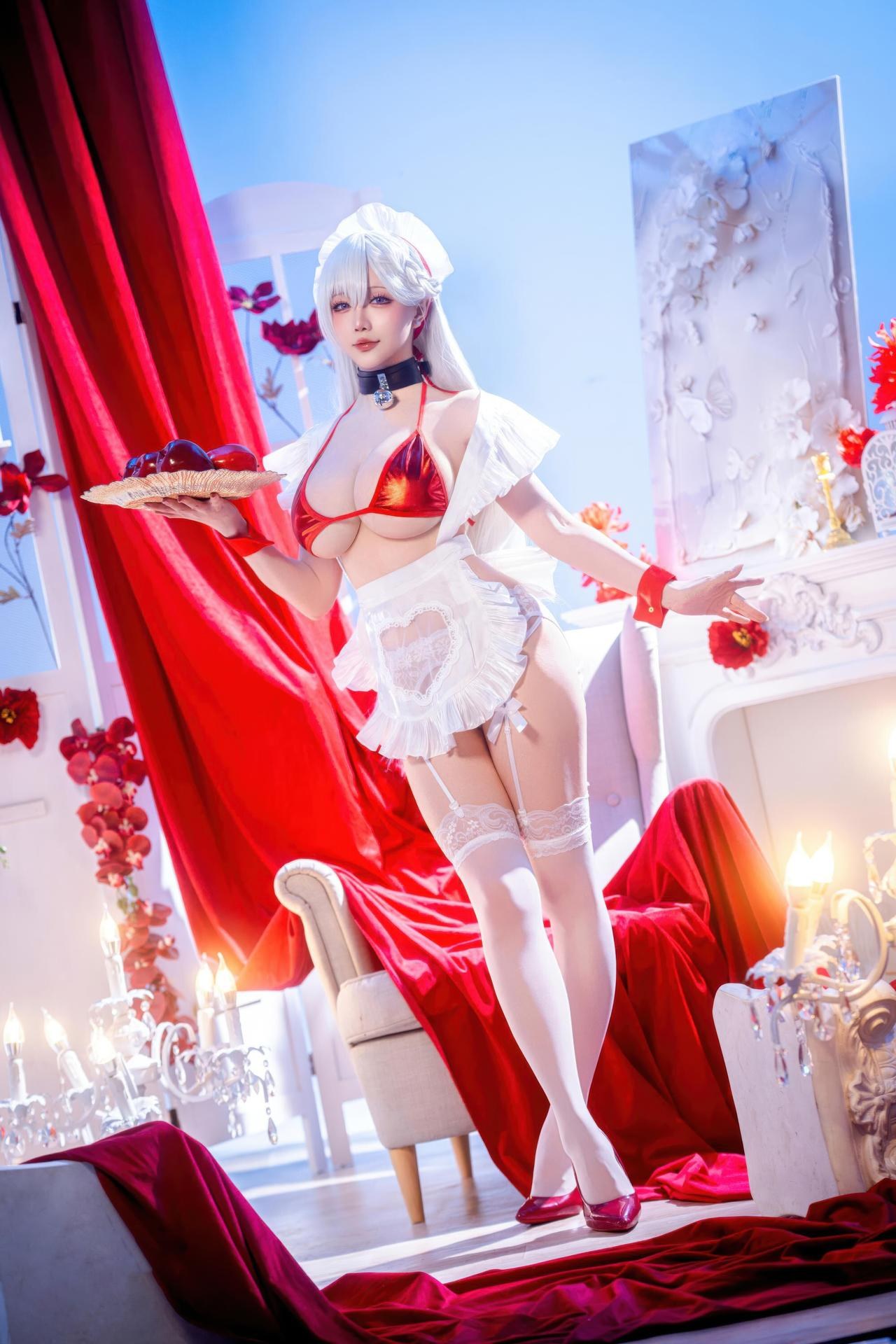[cosplay] 星之迟迟Hoshilily - 碧蓝航线 贝尔法斯特：白发红绳泳装 和风美胸 49P