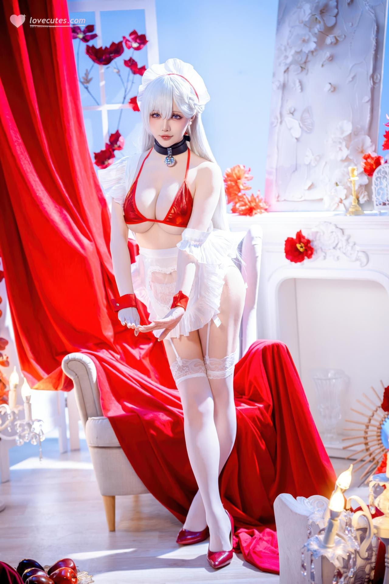 [cosplay] 星之迟迟Hoshilily - 碧蓝航线 贝尔法斯特：白发红绳泳装 和风美胸 49P