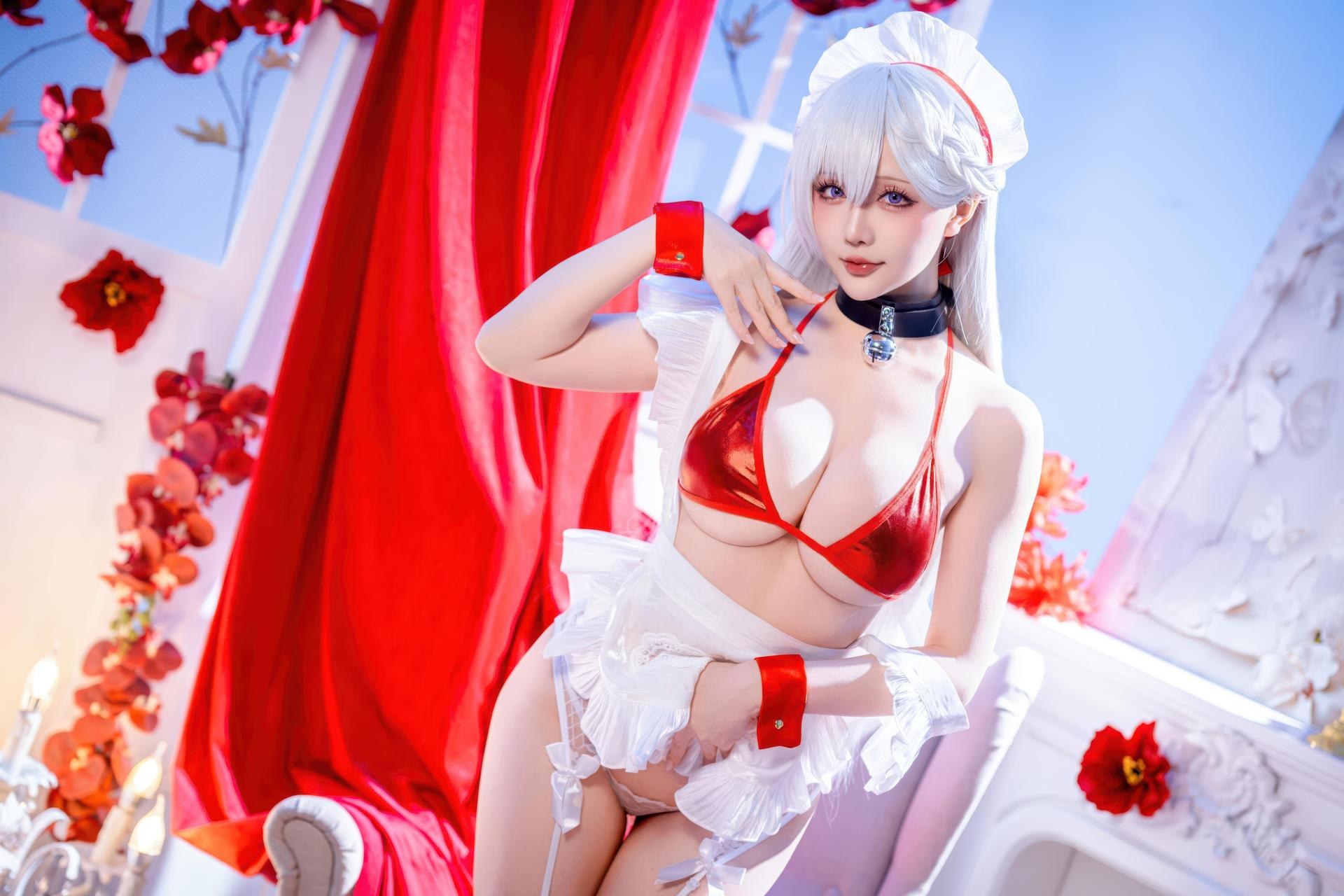 [cosplay] 星之迟遲Hoshilily - 碧藍航線 貝爾法斯特：白髮紅繩泳裝 和風美胸 49P