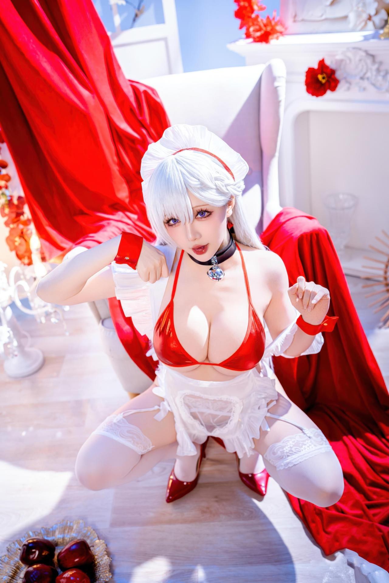 [cosplay] 星之迟遲Hoshilily - 碧藍航線 貝爾法斯特：白髮紅繩泳裝 和風美胸 49P
