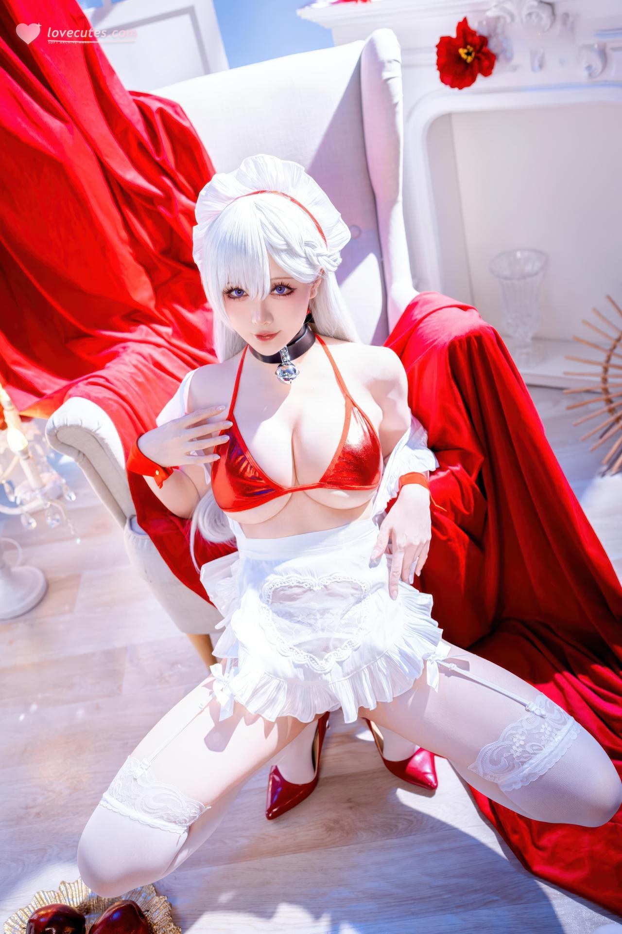 [cosplay] 星之迟遲Hoshilily - 碧藍航線 貝爾法斯特：白髮紅繩泳裝 和風美胸 49P