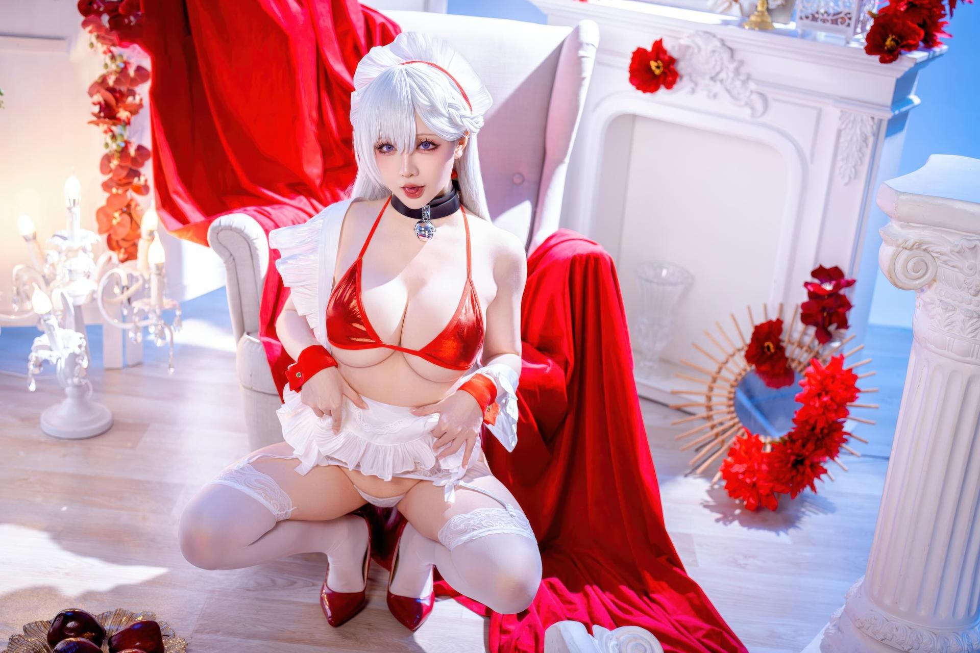 [cosplay] 星之迟遲Hoshilily - 碧藍航線 貝爾法斯特：白髮紅繩泳裝 和風美胸 49P