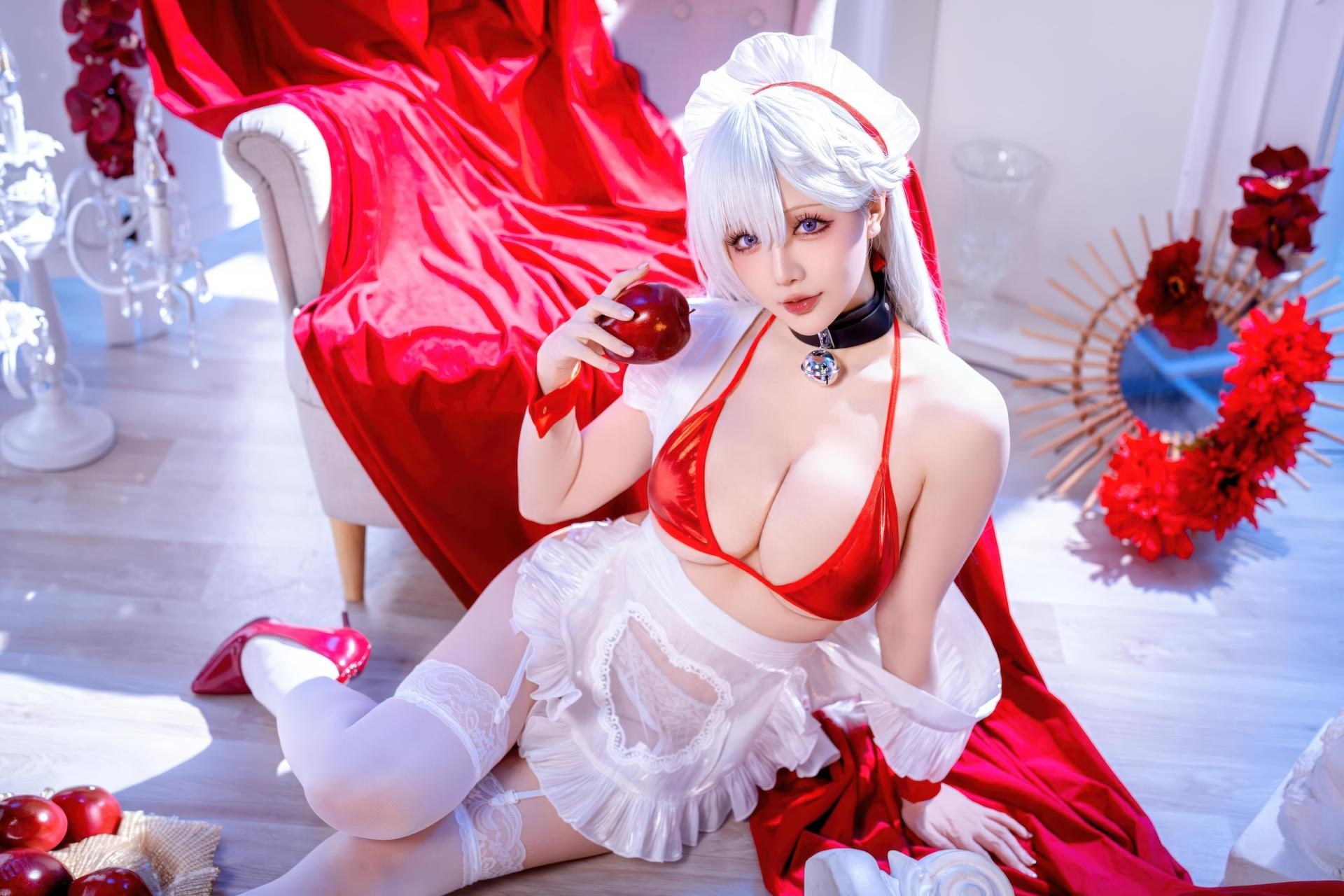 [cosplay] 星之迟遲Hoshilily - 碧藍航線 貝爾法斯特：白髮紅繩泳裝 和風美胸 49P