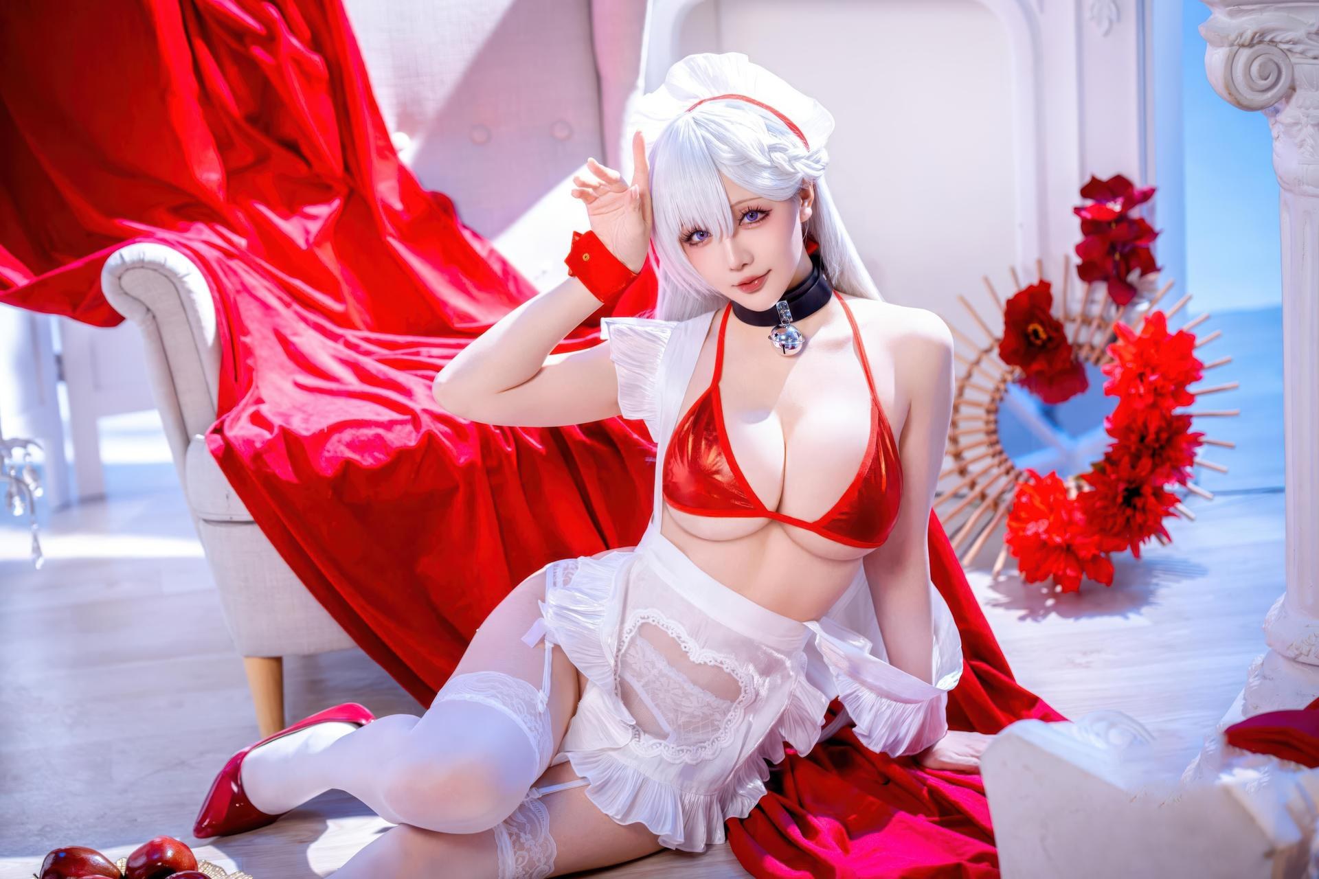 [cosplay] 星之迟遲Hoshilily - 碧藍航線 貝爾法斯特：白髮紅繩泳裝 和風美胸 49P