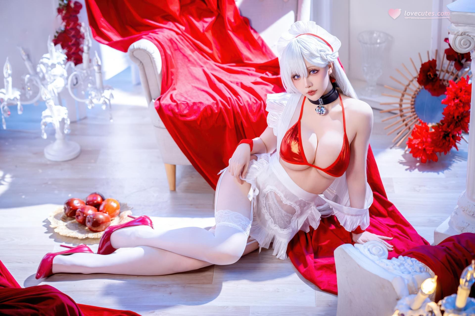 [cosplay] 星之迟迟Hoshilily - 碧蓝航线 เบลฟัสต์：ชุดว่ายน้ำผมขาวเชือกแดง สไตล์ญี่ปุ่น เน้นอกสวย 49P