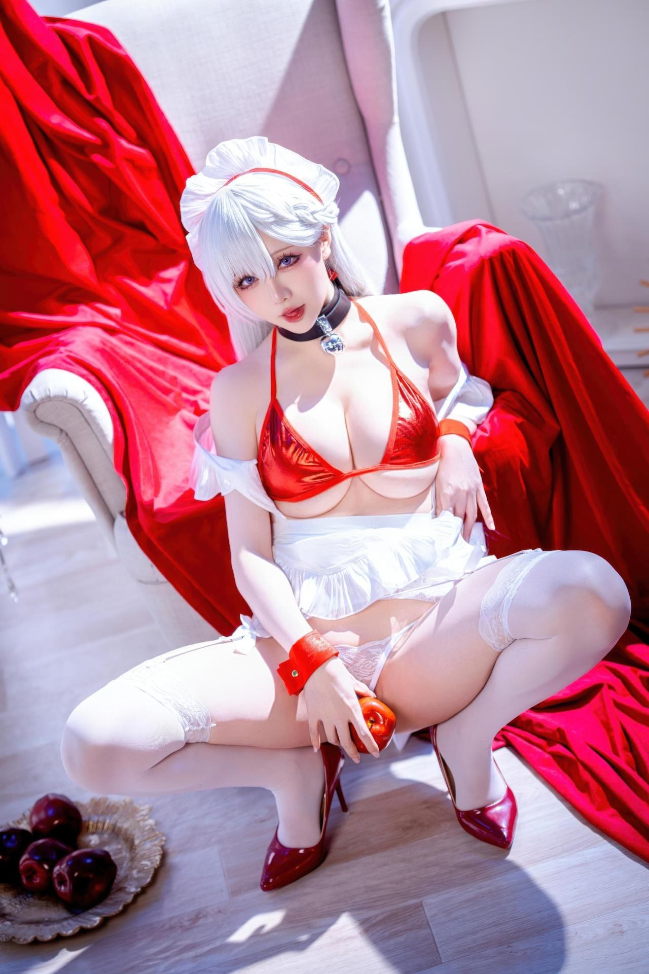 [cosplay] 星之迟迟Hoshilily - 碧蓝航线 เบลฟัสต์：ชุดว่ายน้ำผมขาวเชือกแดง สไตล์ญี่ปุ่น เน้นอกสวย 49P