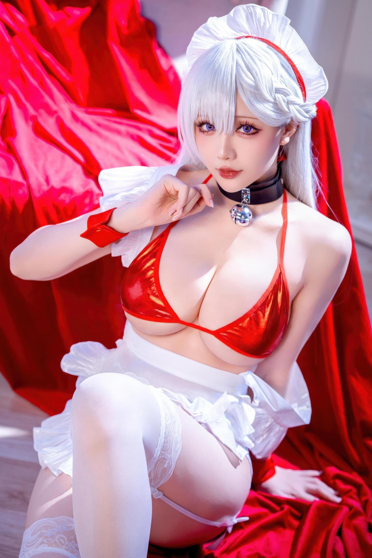 [cosplay] 星之迟迟Hoshilily - 碧蓝航线 เบลฟัสต์：ชุดว่ายน้ำผมขาวเชือกแดง สไตล์ญี่ปุ่น เน้นอกสวย 49P
