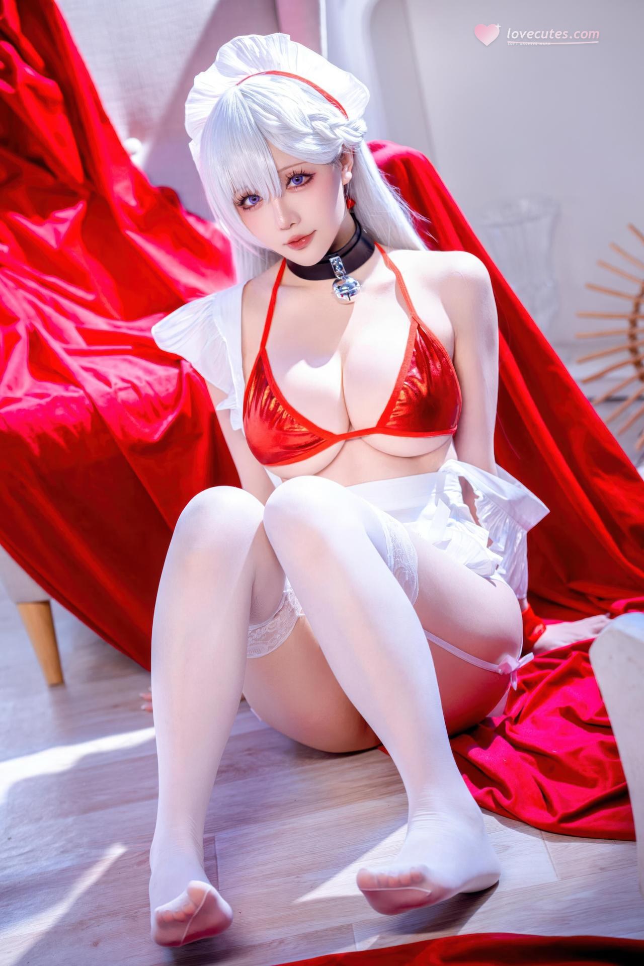[cosplay] 星之迟迟Hoshilily - 碧蓝航线 เบลฟัสต์：ชุดว่ายน้ำผมขาวเชือกแดง สไตล์ญี่ปุ่น เน้นอกสวย 49P
