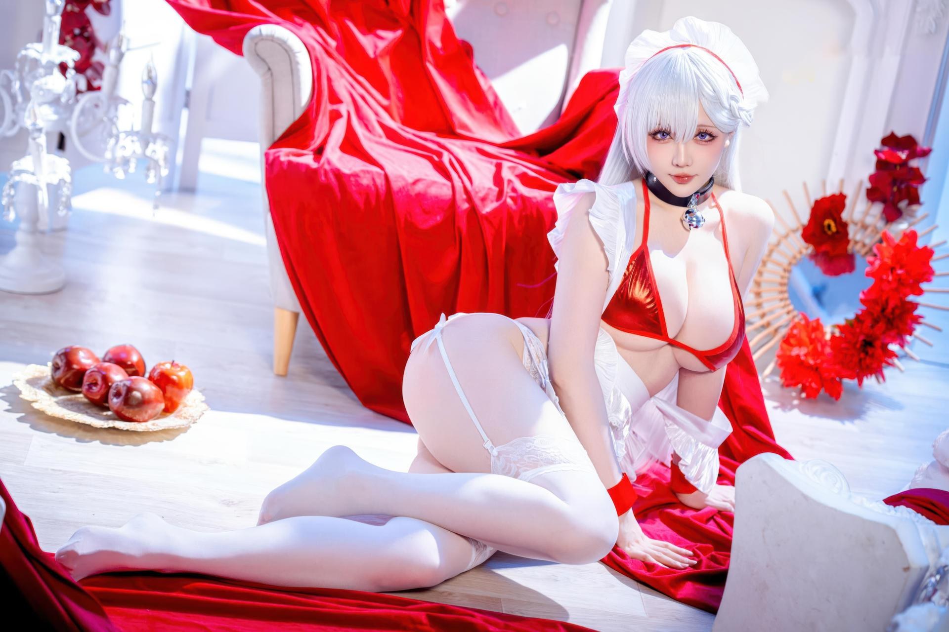 [cosplay] 星之迟迟Hoshilily - 碧蓝航线 เบลฟัสต์：ชุดว่ายน้ำผมขาวเชือกแดง สไตล์ญี่ปุ่น เน้นอกสวย 49P