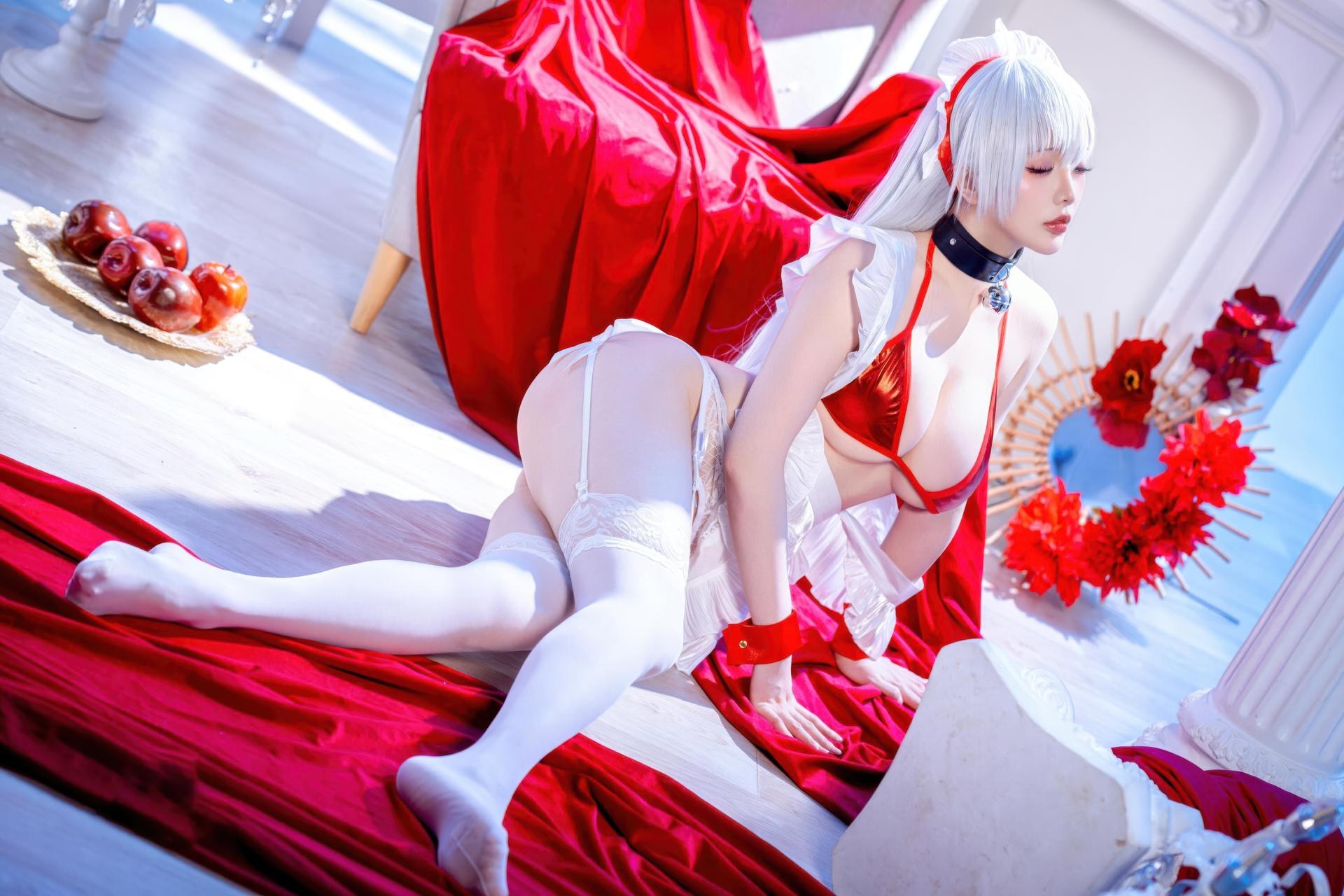 [cosplay] 星之迟迟Hoshilily - 碧蓝航线 เบลฟัสต์：ชุดว่ายน้ำผมขาวเชือกแดง สไตล์ญี่ปุ่น เน้นอกสวย 49P