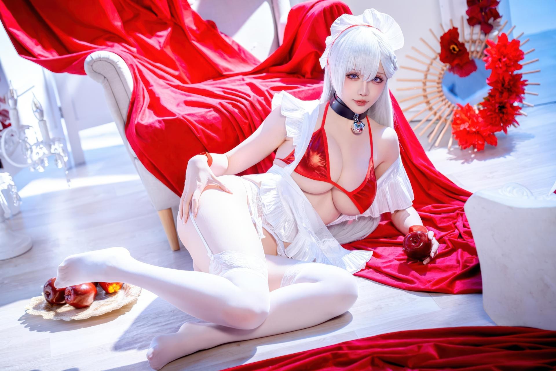 [cosplay] 星之迟迟Hoshilily - 碧蓝航线 เบลฟัสต์：ชุดว่ายน้ำผมขาวเชือกแดง สไตล์ญี่ปุ่น เน้นอกสวย 49P