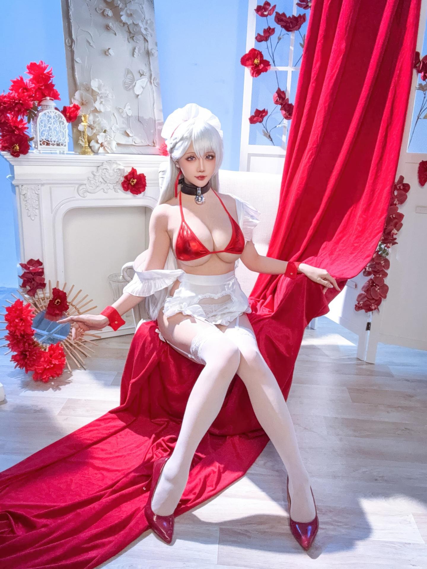 [cosplay] 星之迟迟Hoshilily - 碧蓝航线 ベルファスト：白髪・赤紐の水着 和風バスト 49P