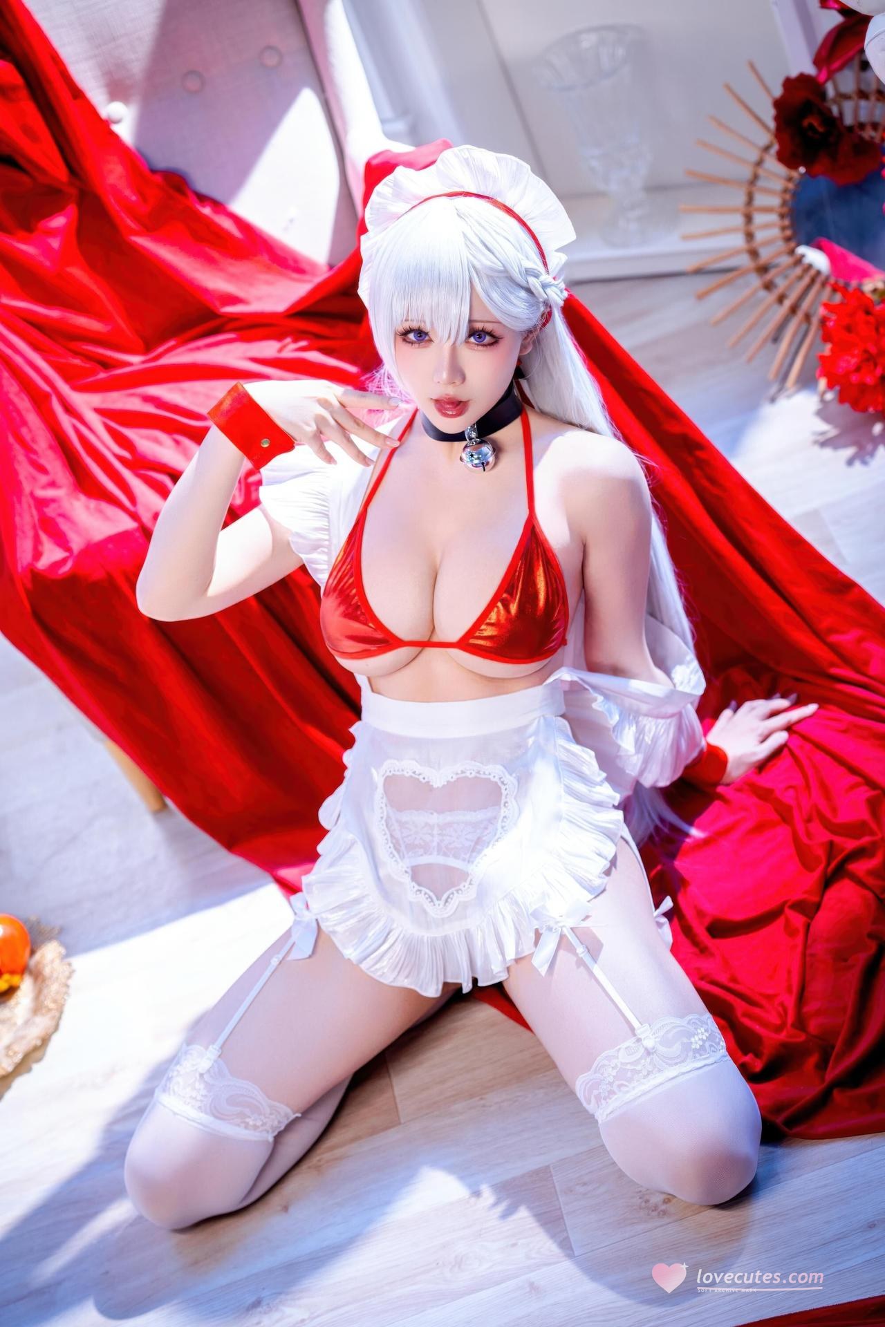 [cosplay] 星之迟迟Hoshilily - 碧蓝航线 ベルファスト：白髪・赤紐の水着 和風バスト 49P