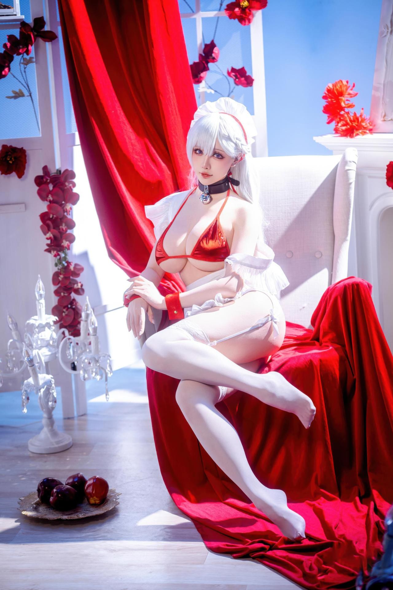 [cosplay] 星之迟迟Hoshilily - 碧蓝航线 ベルファスト：白髪・赤紐の水着 和風バスト 49P