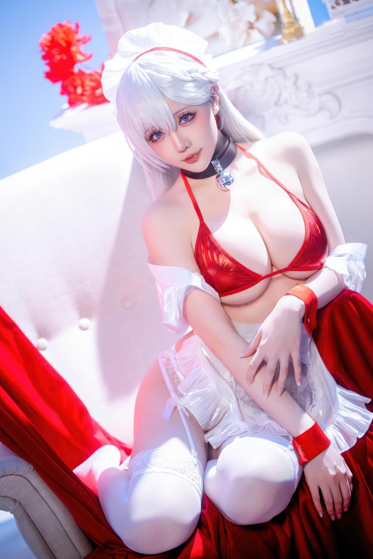 [cosplay] 星之迟迟Hoshilily - 碧蓝航线 ベルファスト：白髪・赤紐の水着 和風バスト 49P