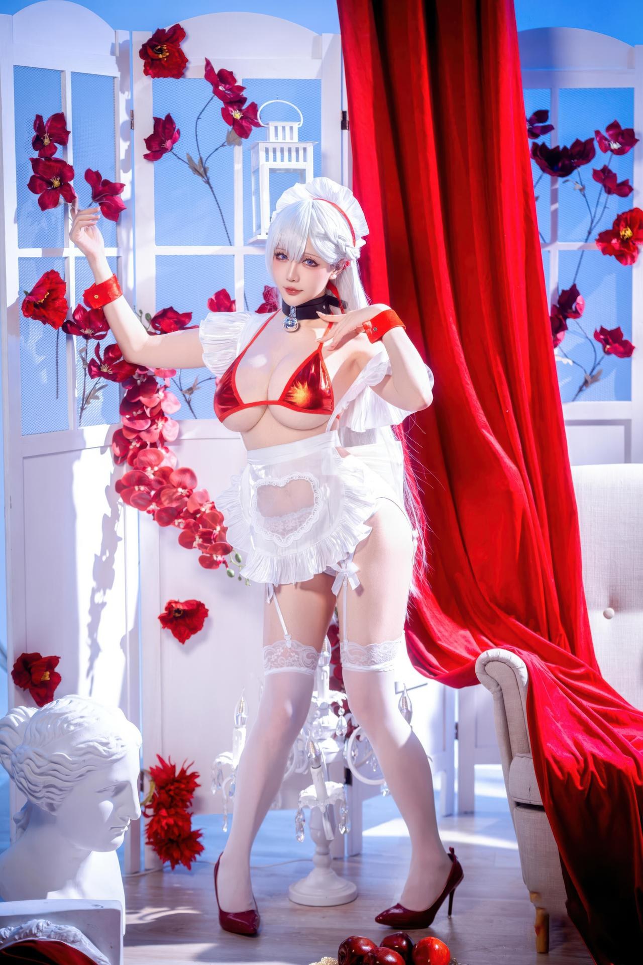 [cosplay] 星之迟迟Hoshilily - 碧蓝航线 ベルファスト：白髪・赤紐の水着 和風バスト 49P