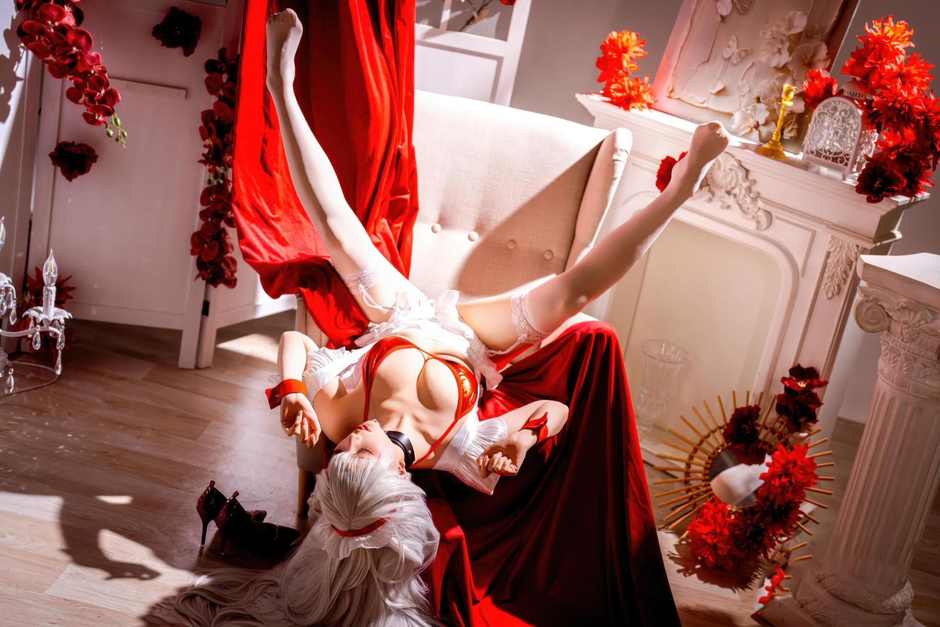 [cosplay] 星之迟遲Hoshilily - 碧藍航線 貝爾法斯特：白髮紅繩泳裝 和風美胸 49P