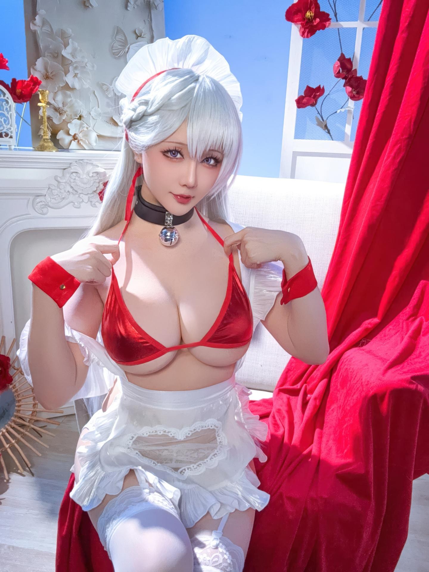 [cosplay] 星之迟遲Hoshilily - 碧藍航線 貝爾法斯特：白髮紅繩泳裝 和風美胸 49P